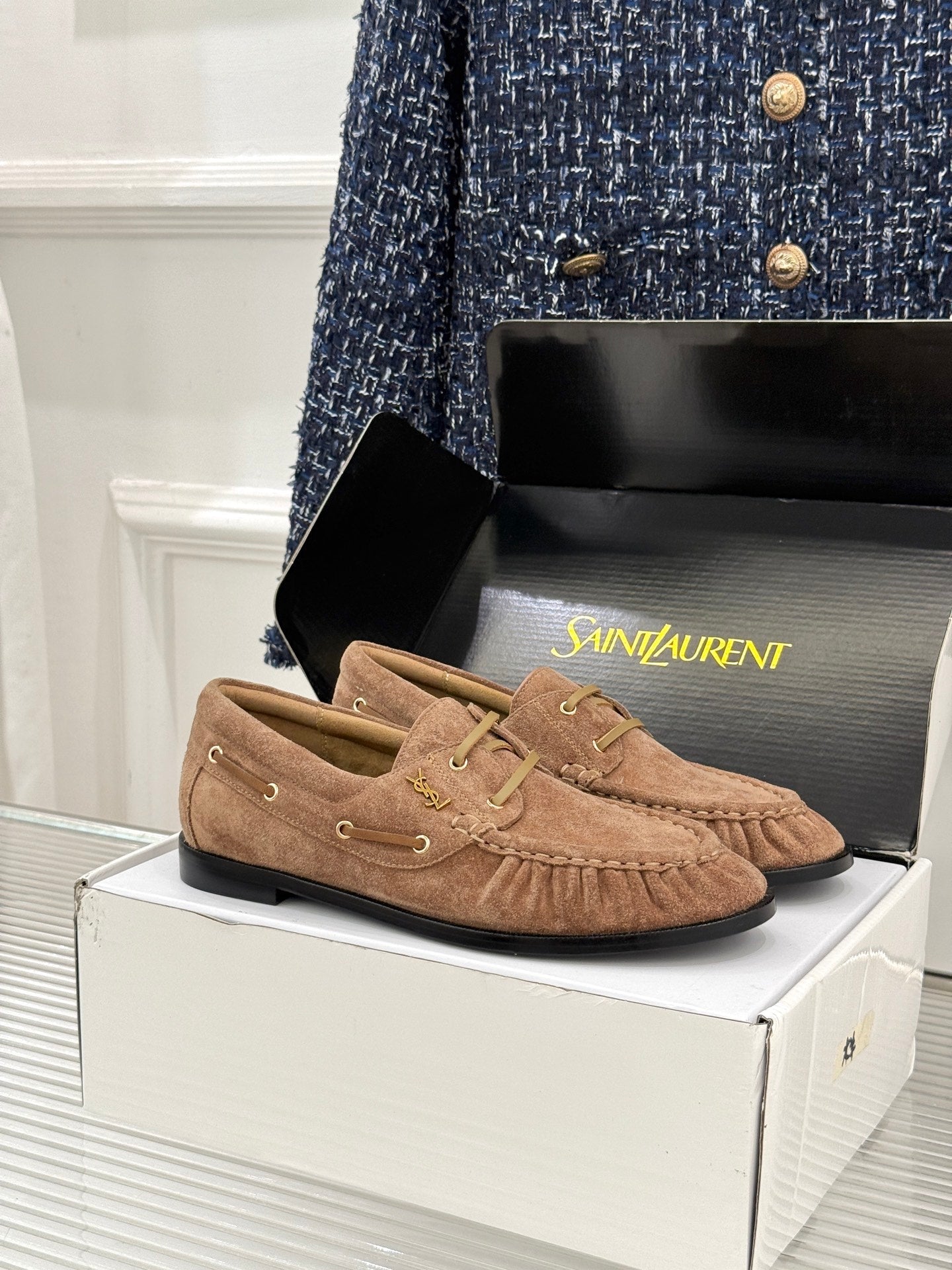 YSL 26s Le Bateau Loafer Brown Suede 992287