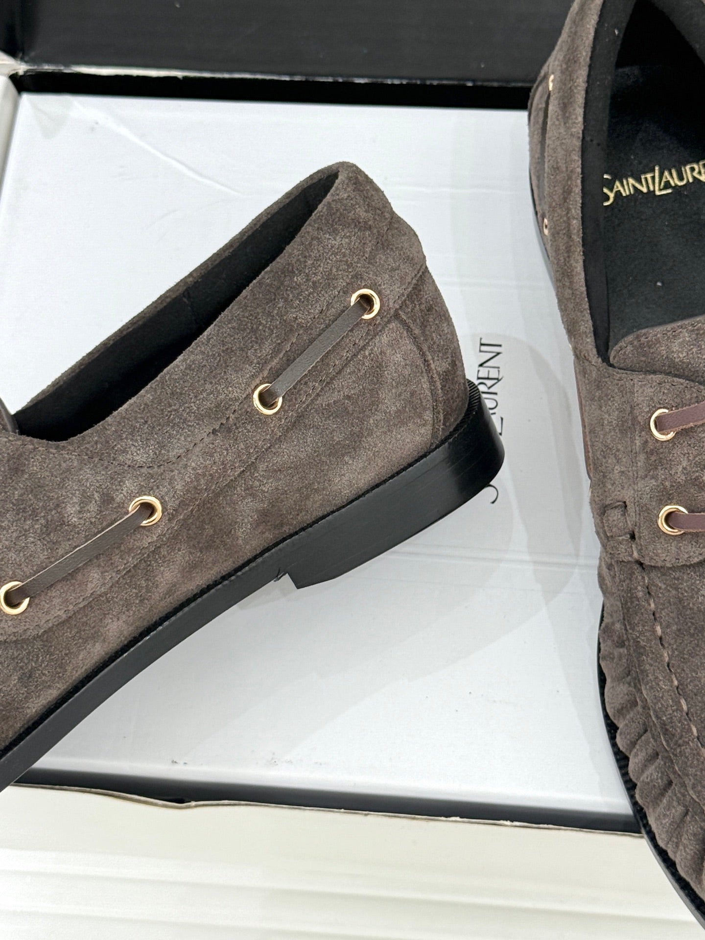 YSL 26s Le Bateau Loafer Taupe Suede 992289