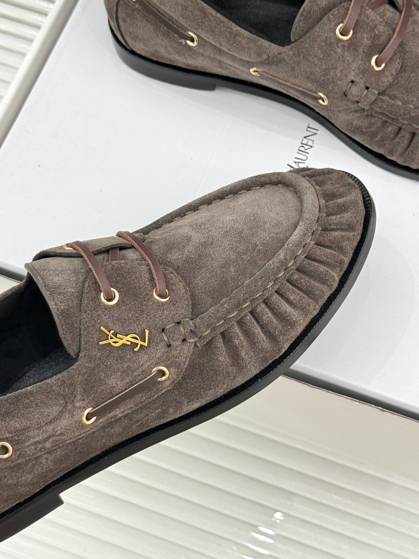 YSL 26s Le Bateau Loafer Taupe Suede 992289