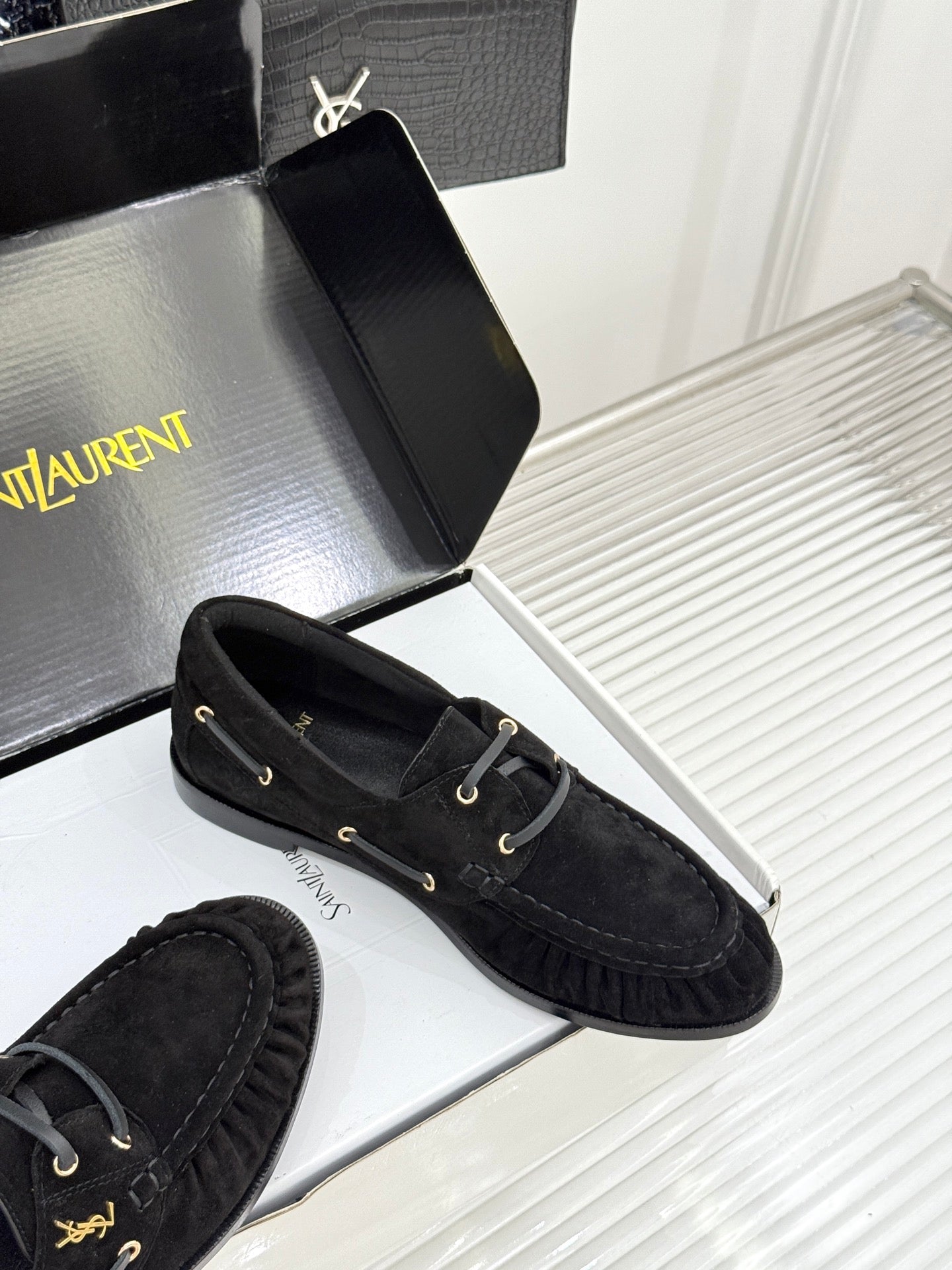 YSL 26s Le Bateau Loafer Black Suede 992290