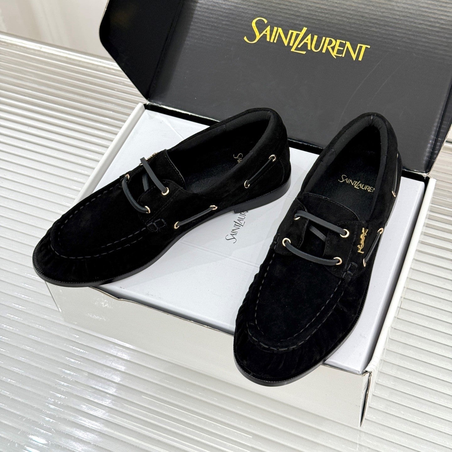 YSL 26s Le Bateau Loafer Black Suede 992290