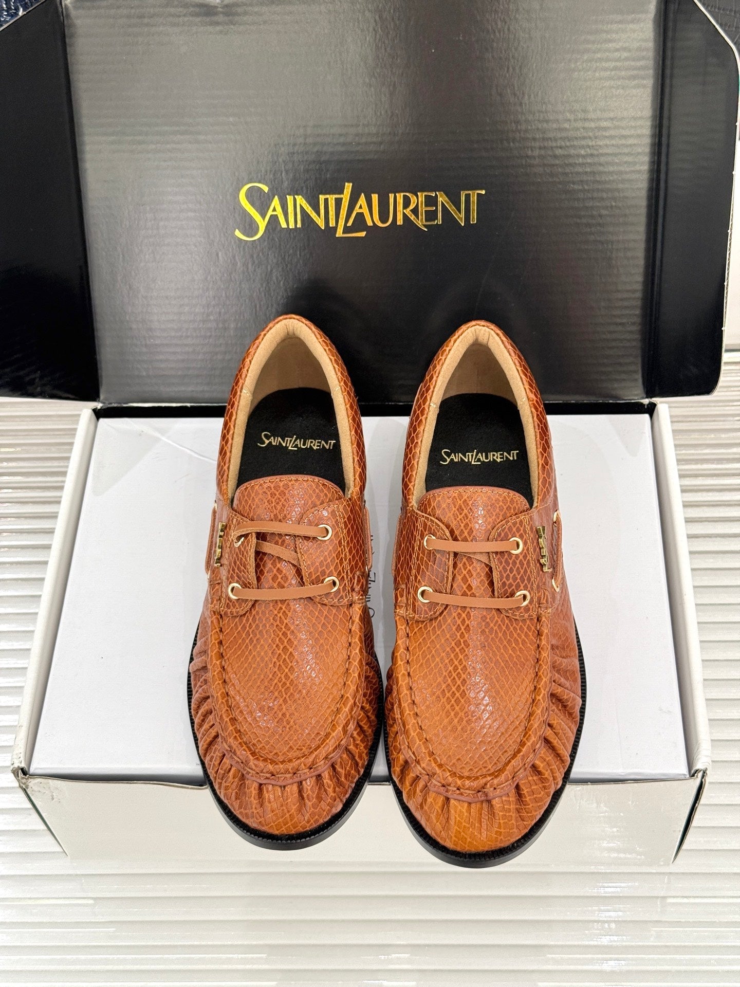 YSL 26s Le Bateau Loafer Brown Lizard-embossed Leather 992291
