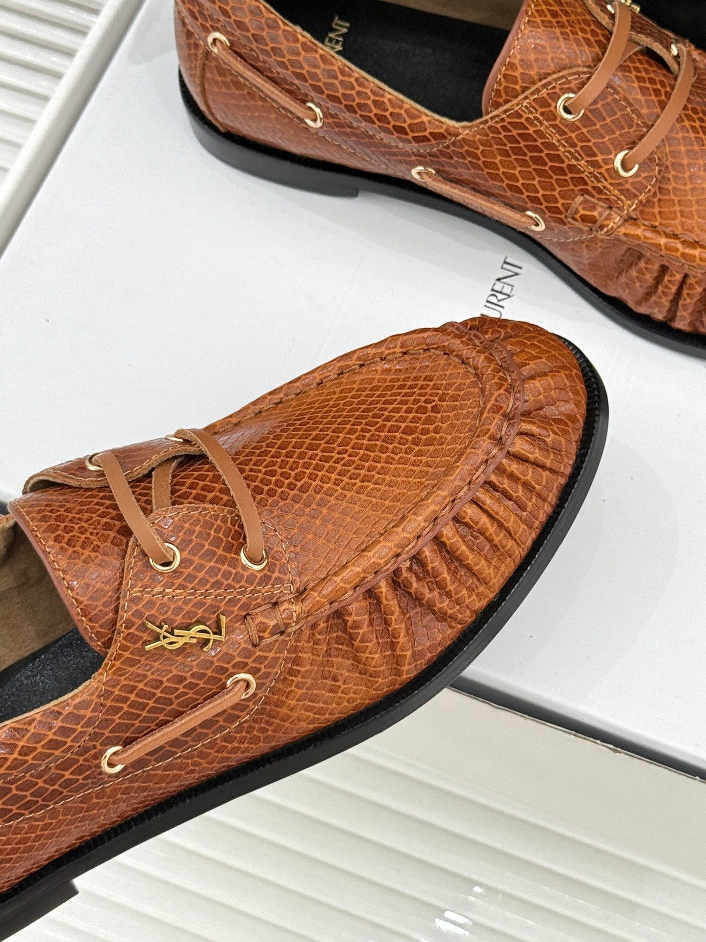 YSL 26s Le Bateau Loafer Brown Lizard-embossed Leather 992291
