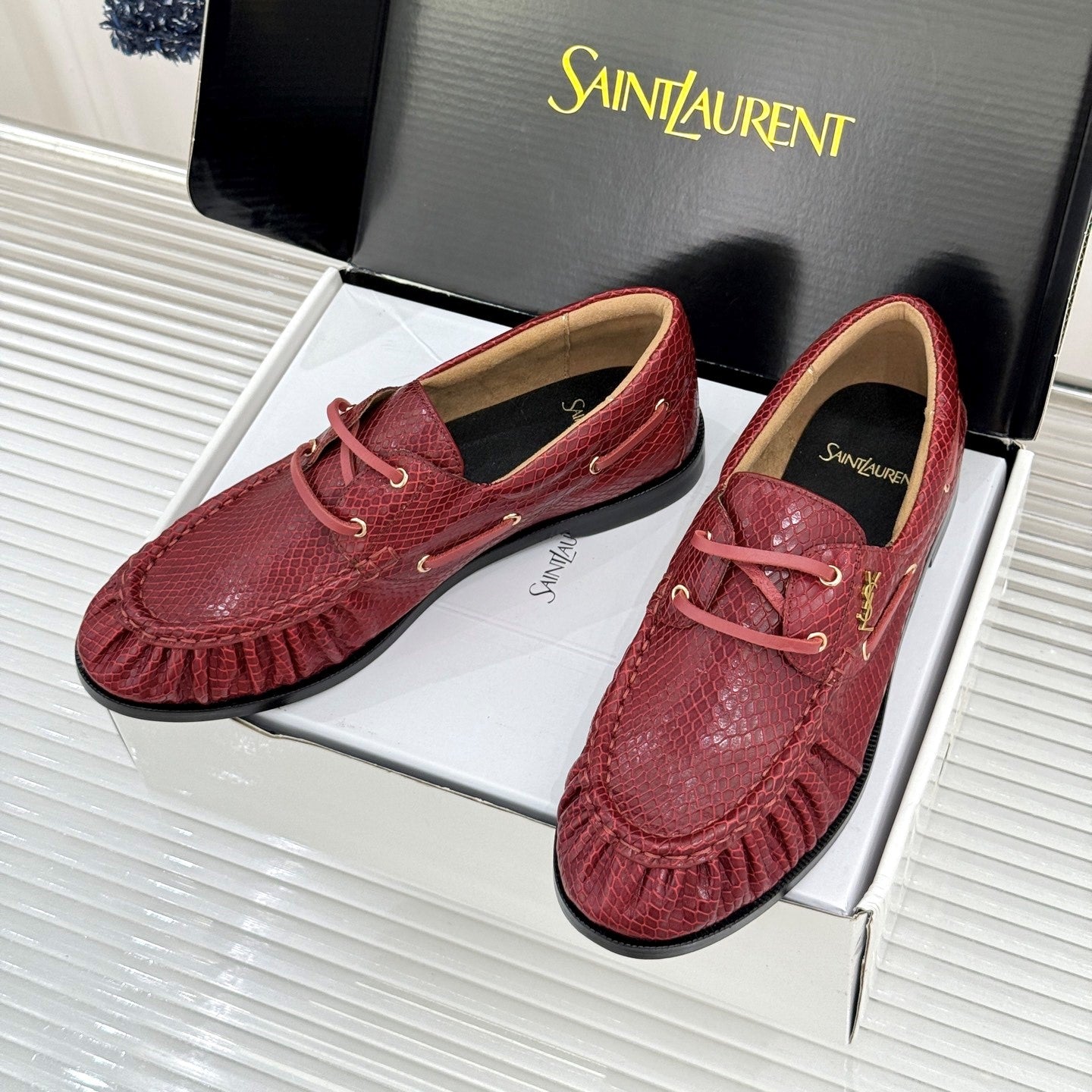 YSL 26s Le Bateau Loafer Burgundy Lizard-embossed Leather 992292