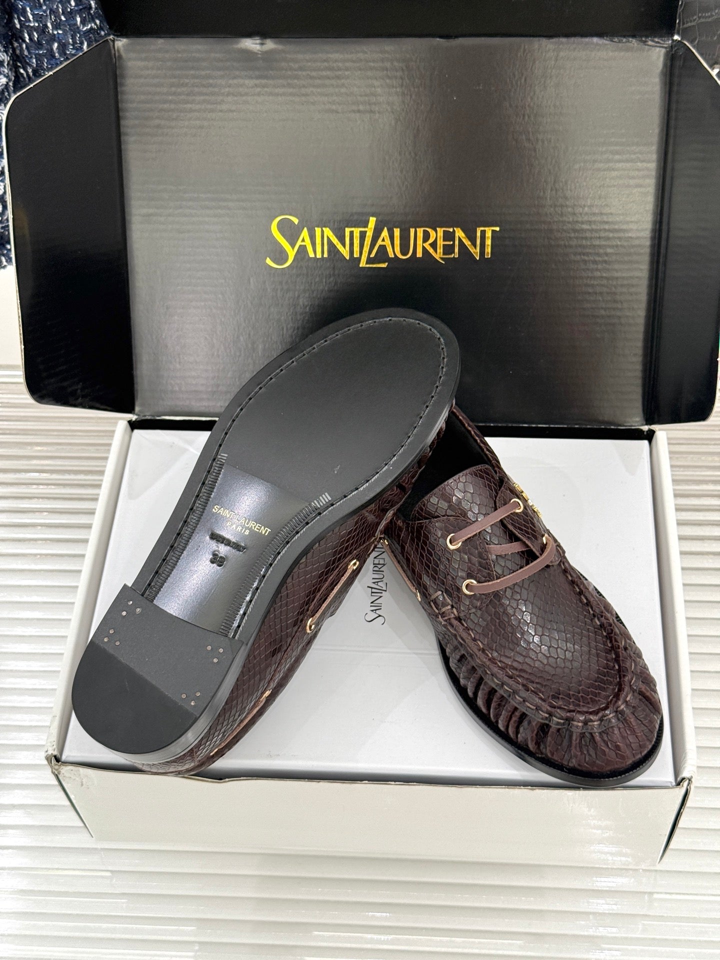 YSL 26s Le Bateau Loafer Coffee Lizard-embossed Leather 992293