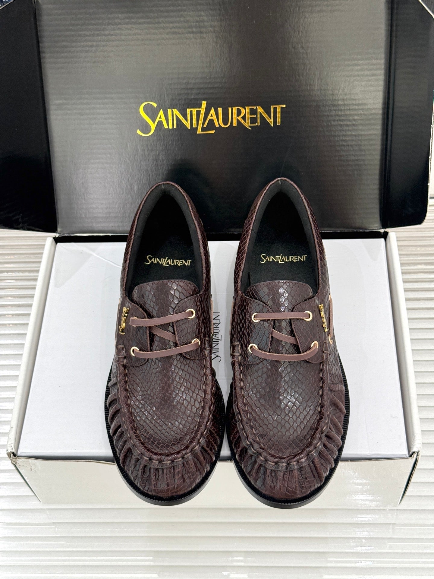 YSL 26s Le Bateau Loafer Coffee Lizard-embossed Leather 992293