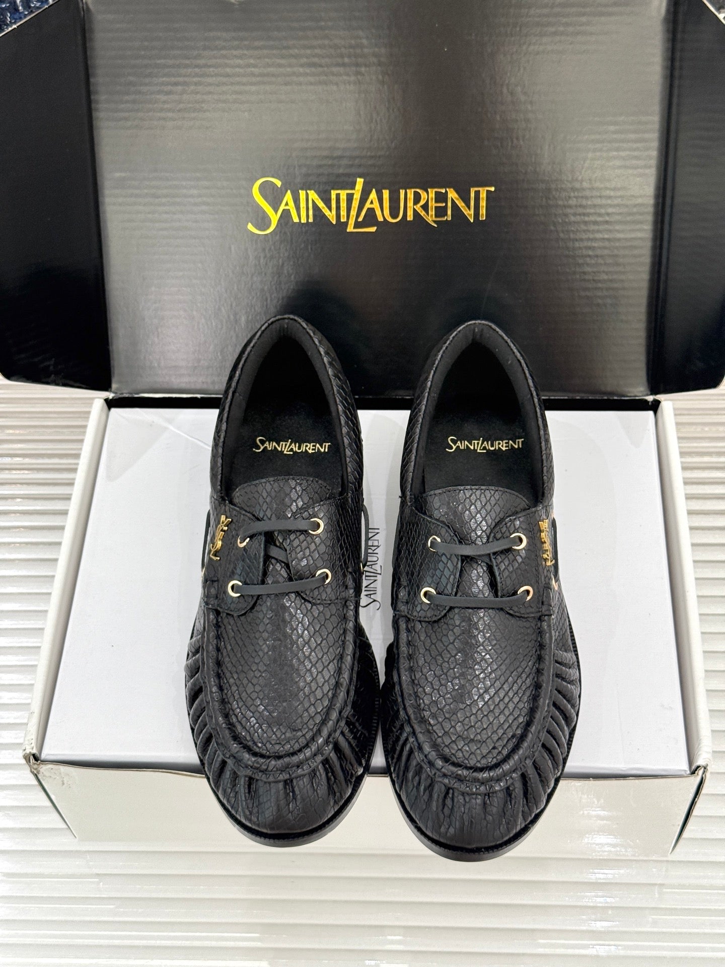 YSL 26s Le Bateau Loafer Black Lizard-embossed Leather 992294