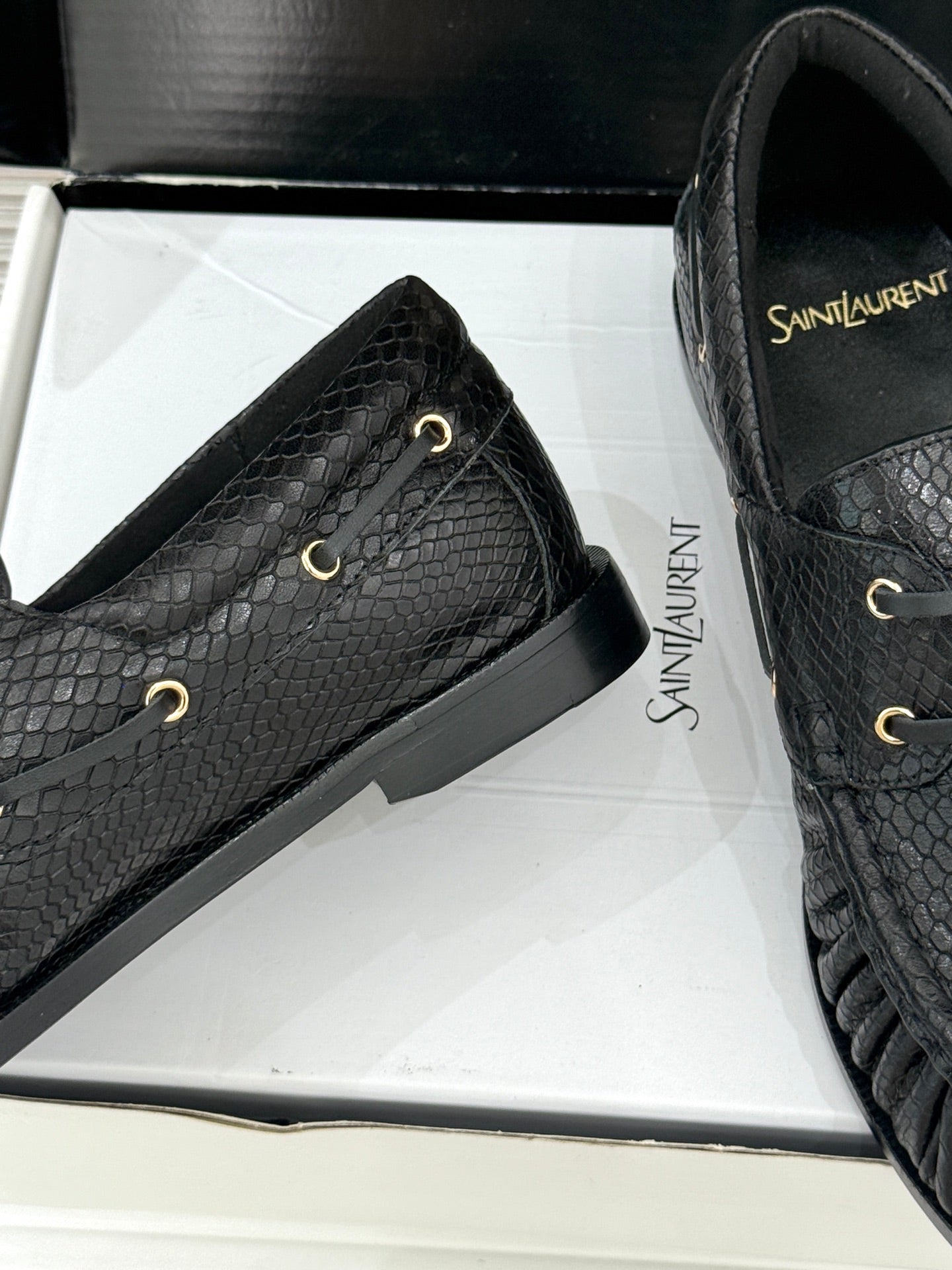 YSL 26s Le Bateau Loafer Black Lizard-embossed Leather 992294