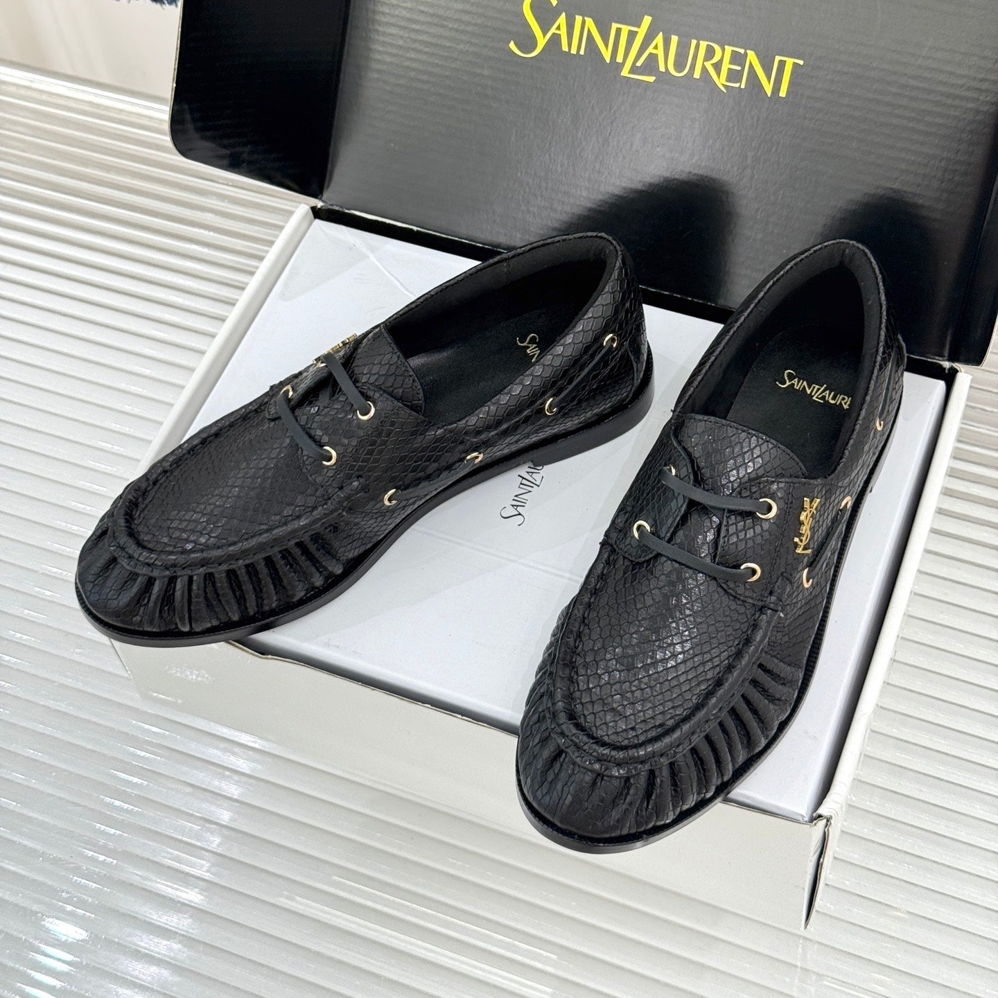 YSL 26s Le Bateau Loafer Black Lizard-embossed Leather 992294