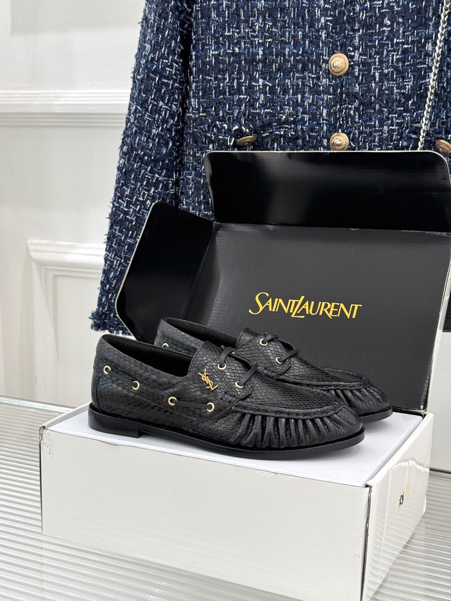 YSL 26s Le Bateau Loafer Black Lizard-embossed Leather 992294