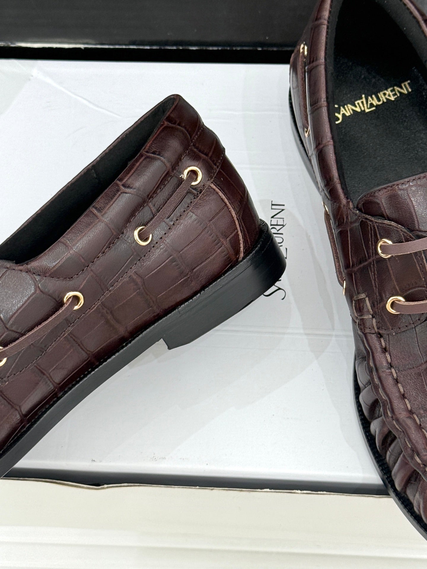 YSL 26s Le Bateau Loafer Coffee Croc-embossed Leather 992298