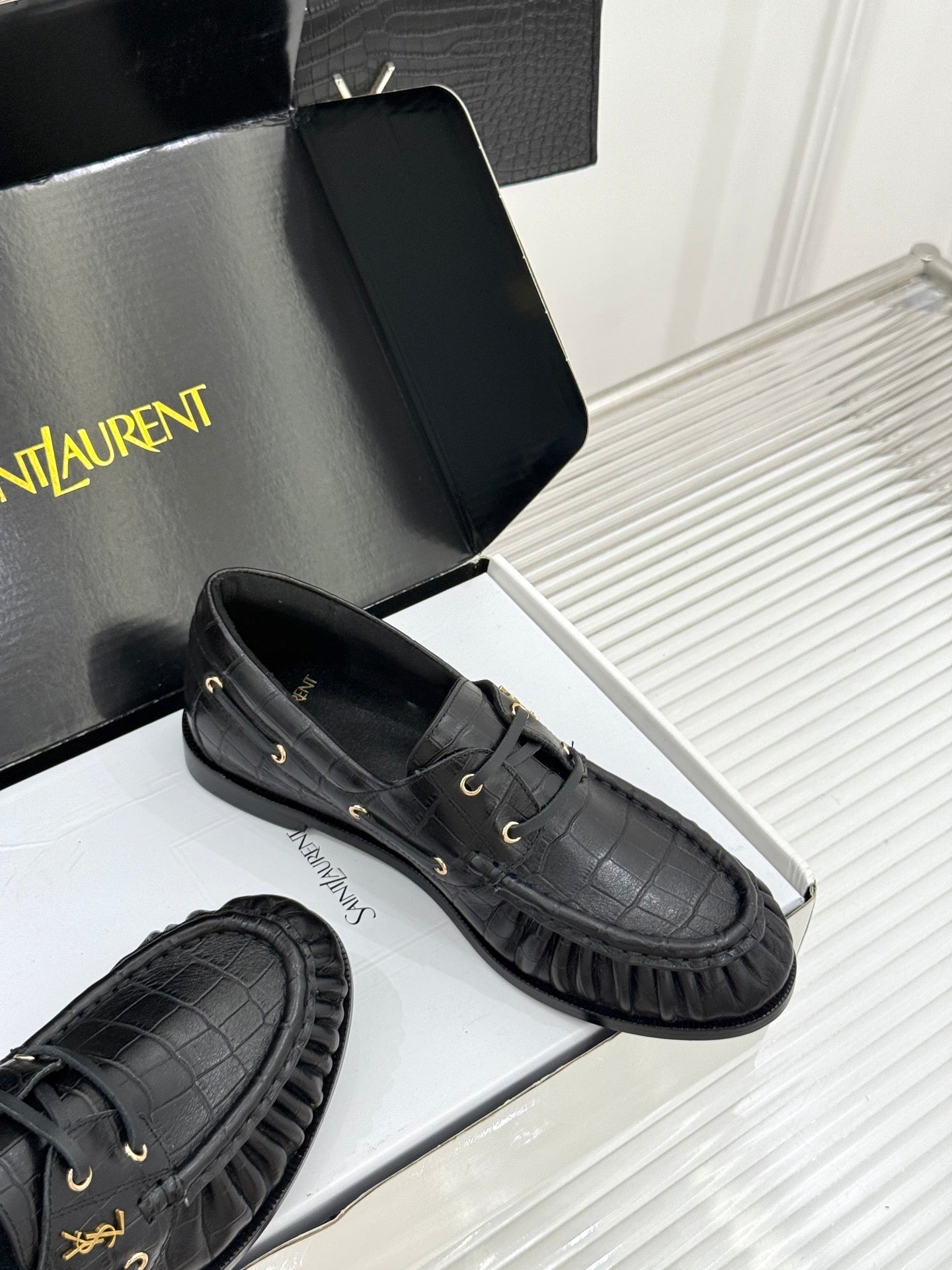 YSL 26s Le Bateau Loafer Black Croc-embossed Leather 992300
