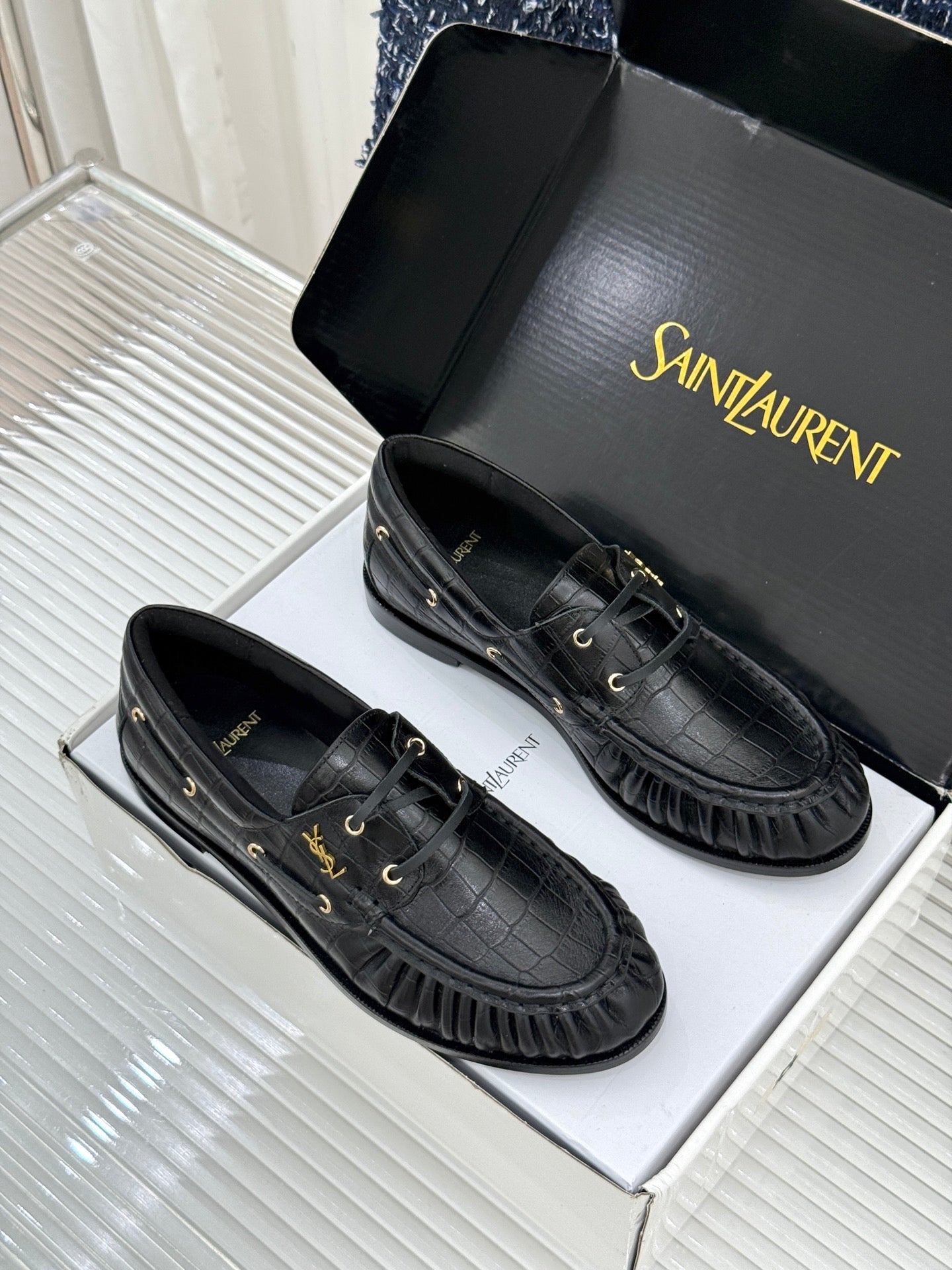 YSL 26s Le Bateau Loafer Black Croc-embossed Leather 992300