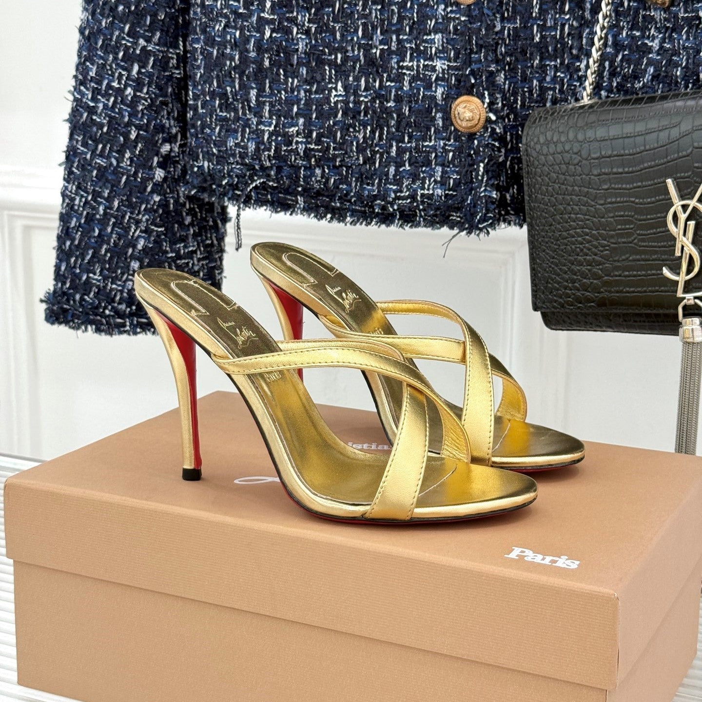 CL 26s Mulazee Cross Mules 8cm Gold Leather 991530