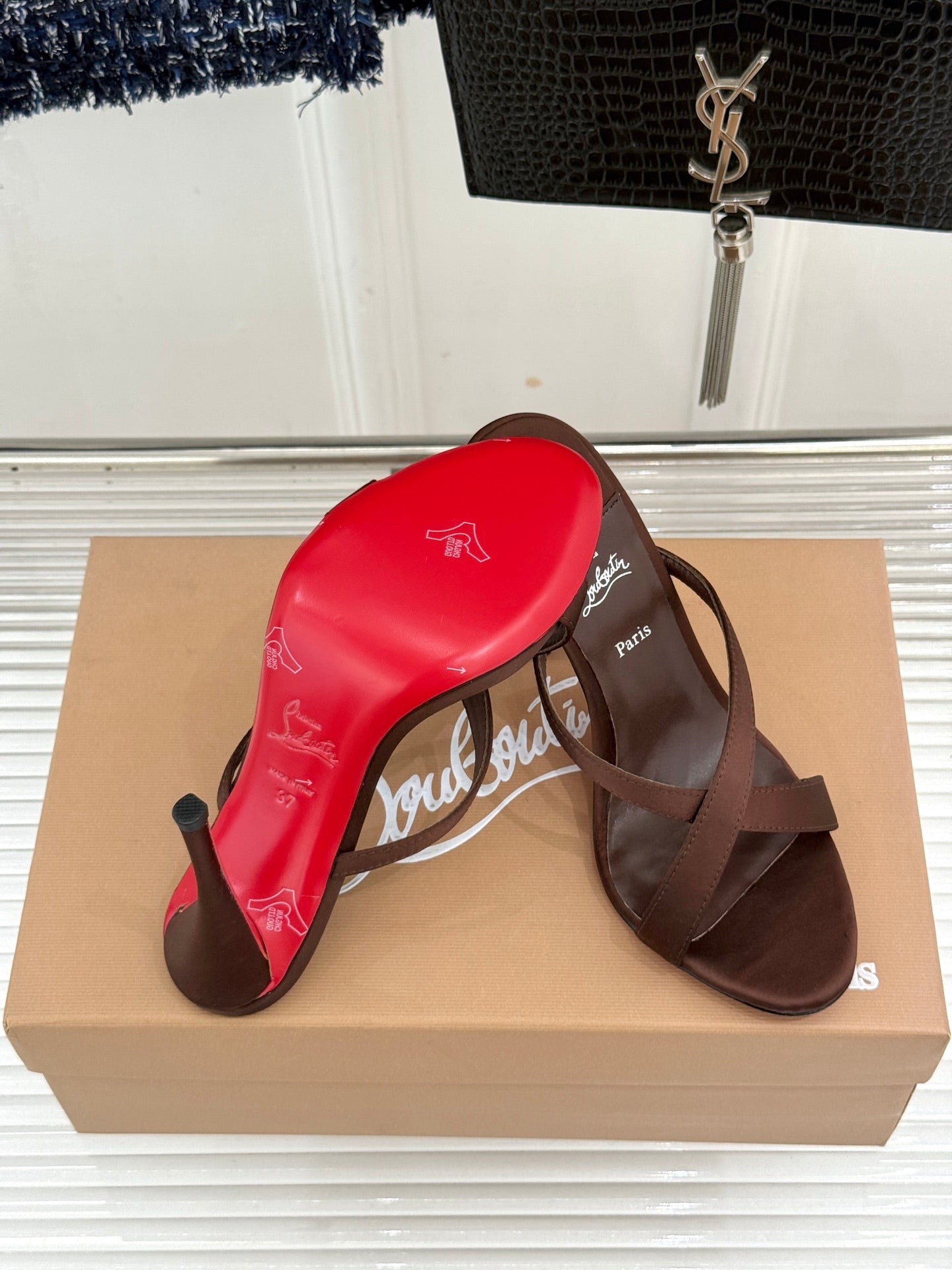 CL 26s Mulazee Cross Mules 8cm Brown Satin Leather 991531
