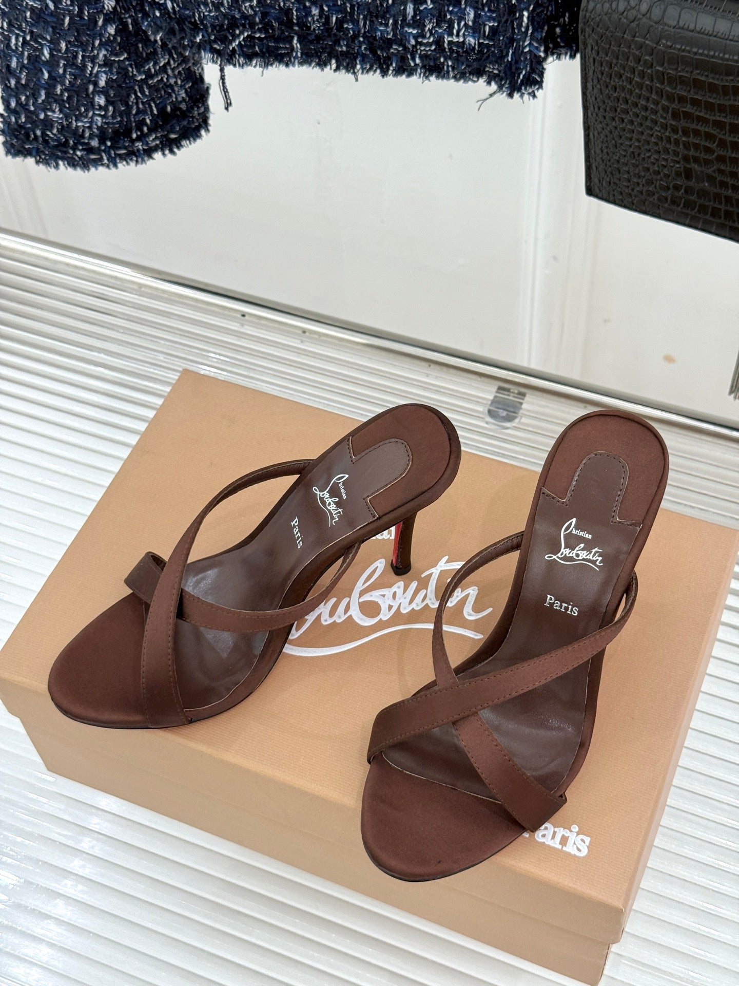 CL 26s Mulazee Cross Mules 8cm Brown Satin Leather 991531