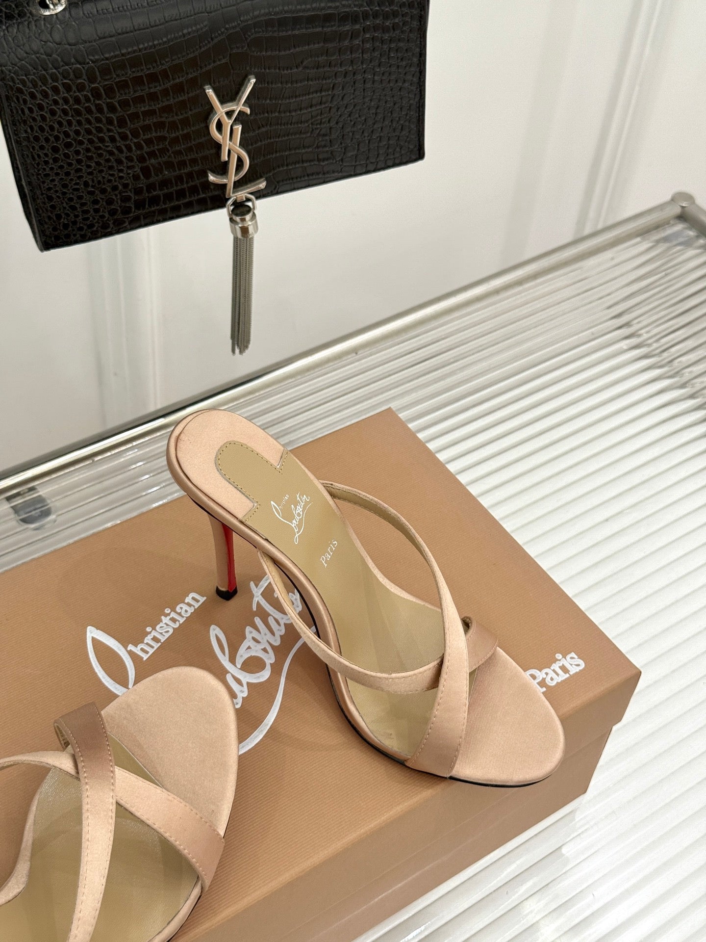 CL 26s Mulazee Cross Mules 8cm Beige Satin Leather 991532