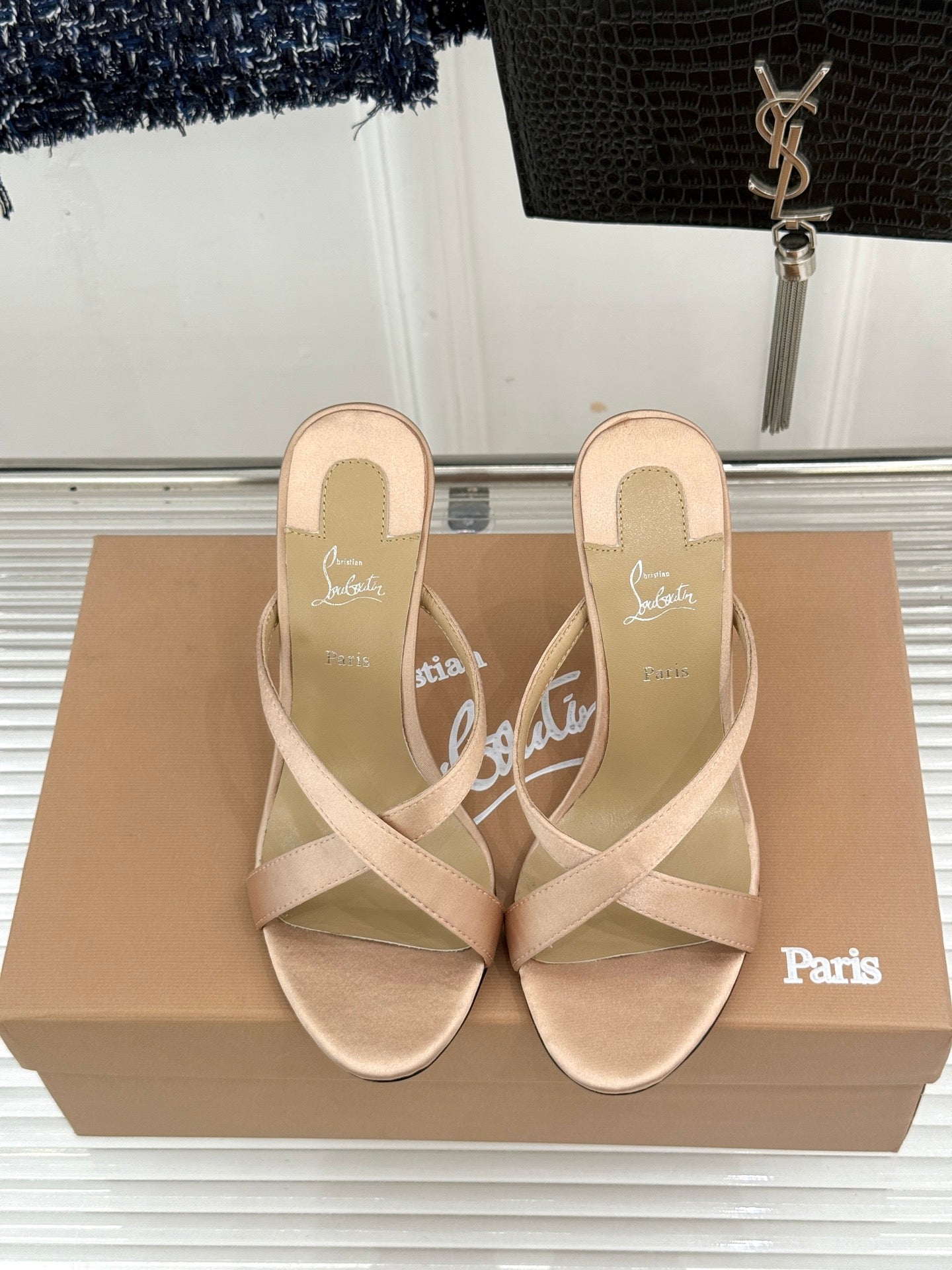 CL 26s Mulazee Cross Mules 8cm Beige Satin Leather 991532