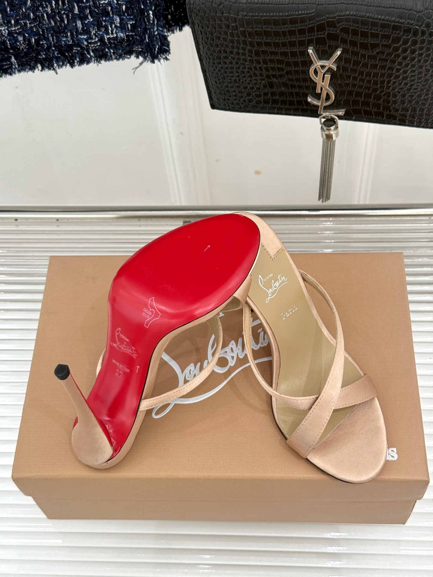 CL 26s Mulazee Cross Mules 8cm Beige Satin Leather 991532