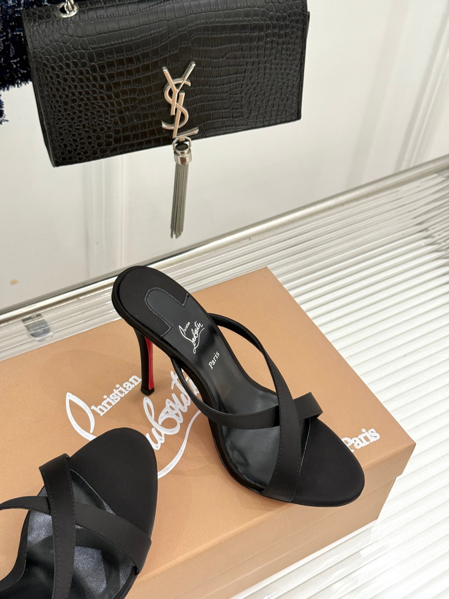 CL 26s Mulazee Cross Mules 8cm Black Satin Leather 991533