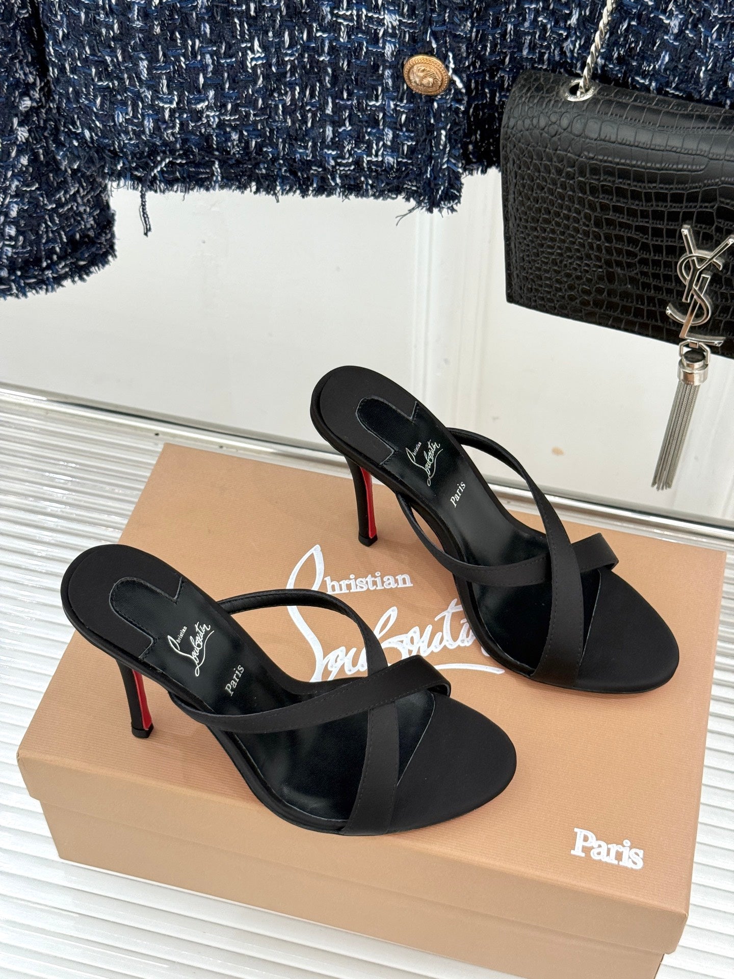 CL 26s Mulazee Cross Mules 8cm Black Satin Leather 991533