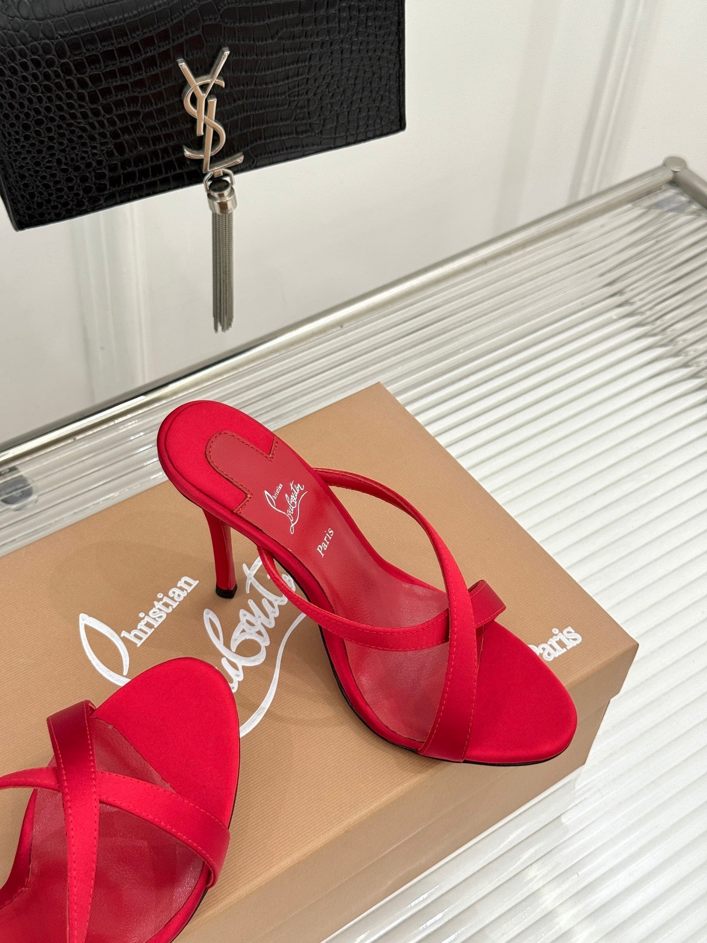 CL 26s Mulazee Cross Mules 8cm Red Satin Leather 991534