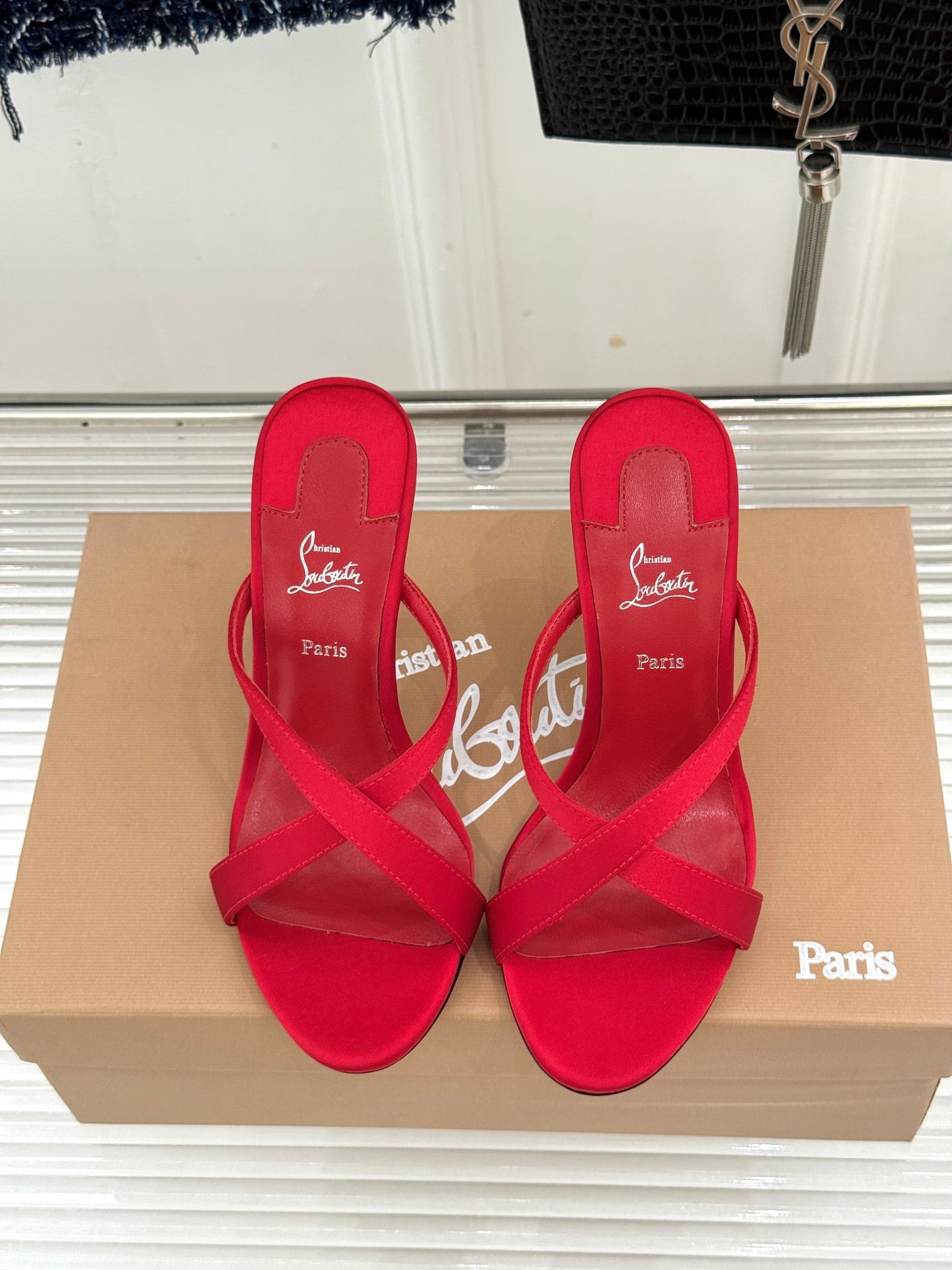 CL 26s Mulazee Cross Mules 8cm Red Satin Leather 991534