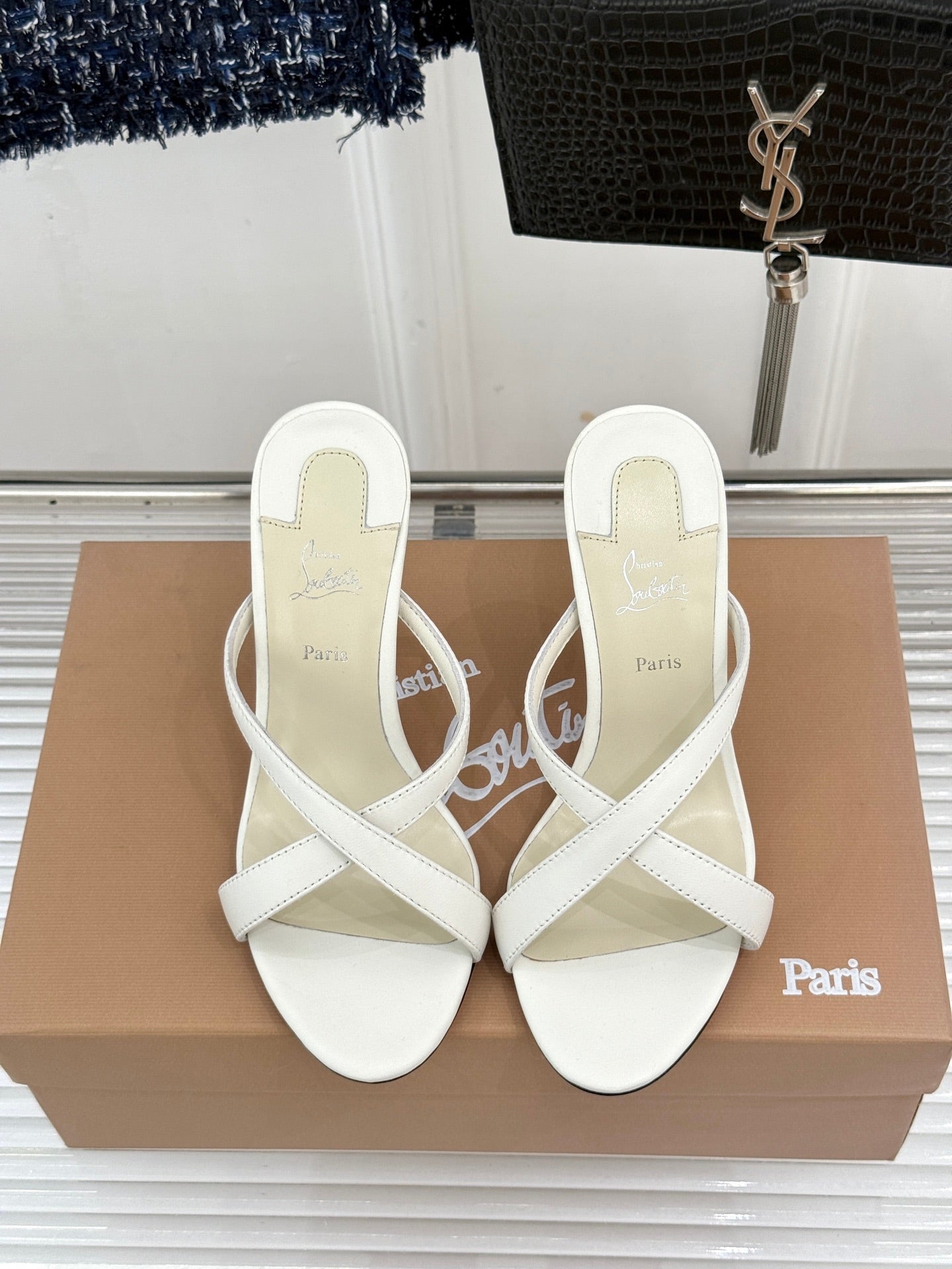 CL 26s Mulazee Cross Mules 8cm White Satin Leather 991535