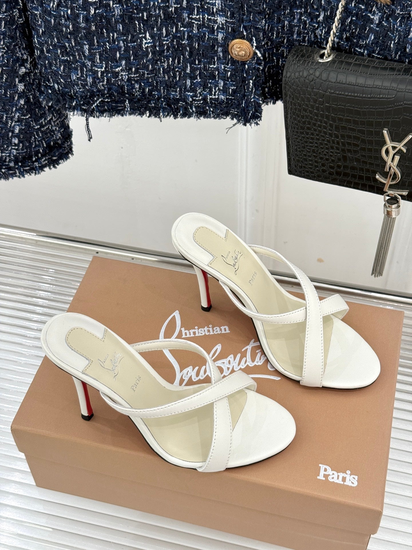 CL 26s Mulazee Cross Mules 8cm White Satin Leather 991535