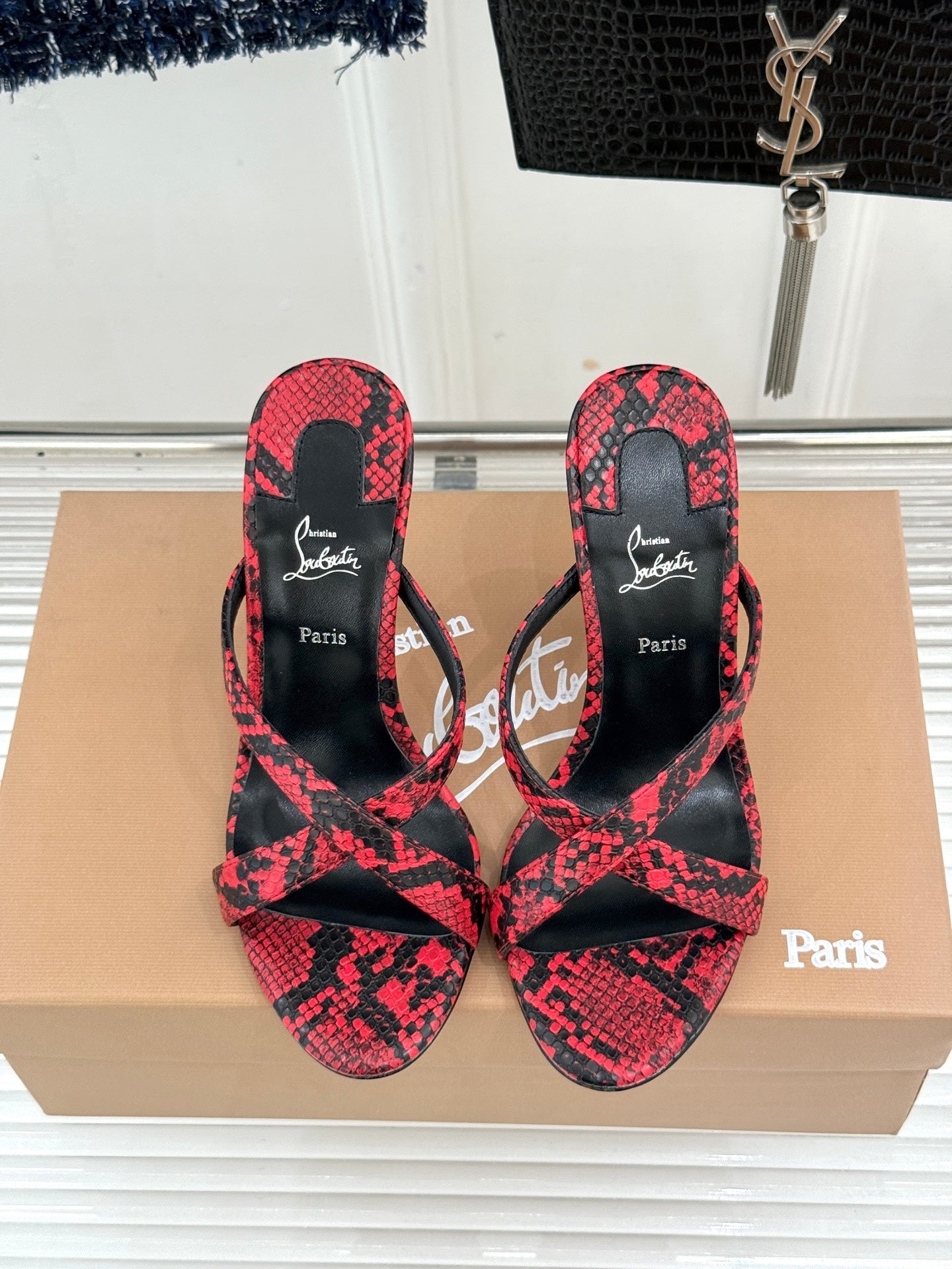 CL 26s Mulazee Cross Mules 8cm Red Black Watersnake Leather 991535