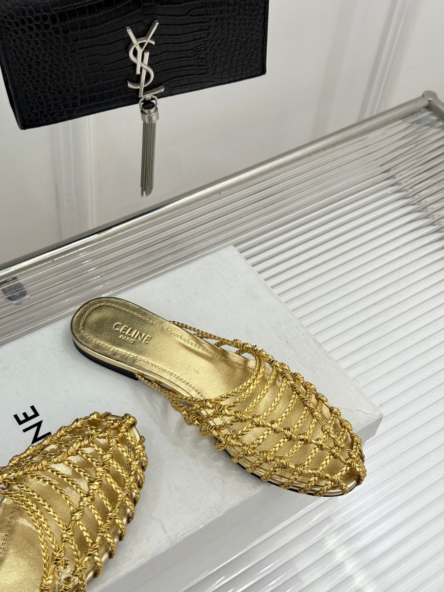 Celine 26s Scoobie Braided Mules Gold Lambskin 991454