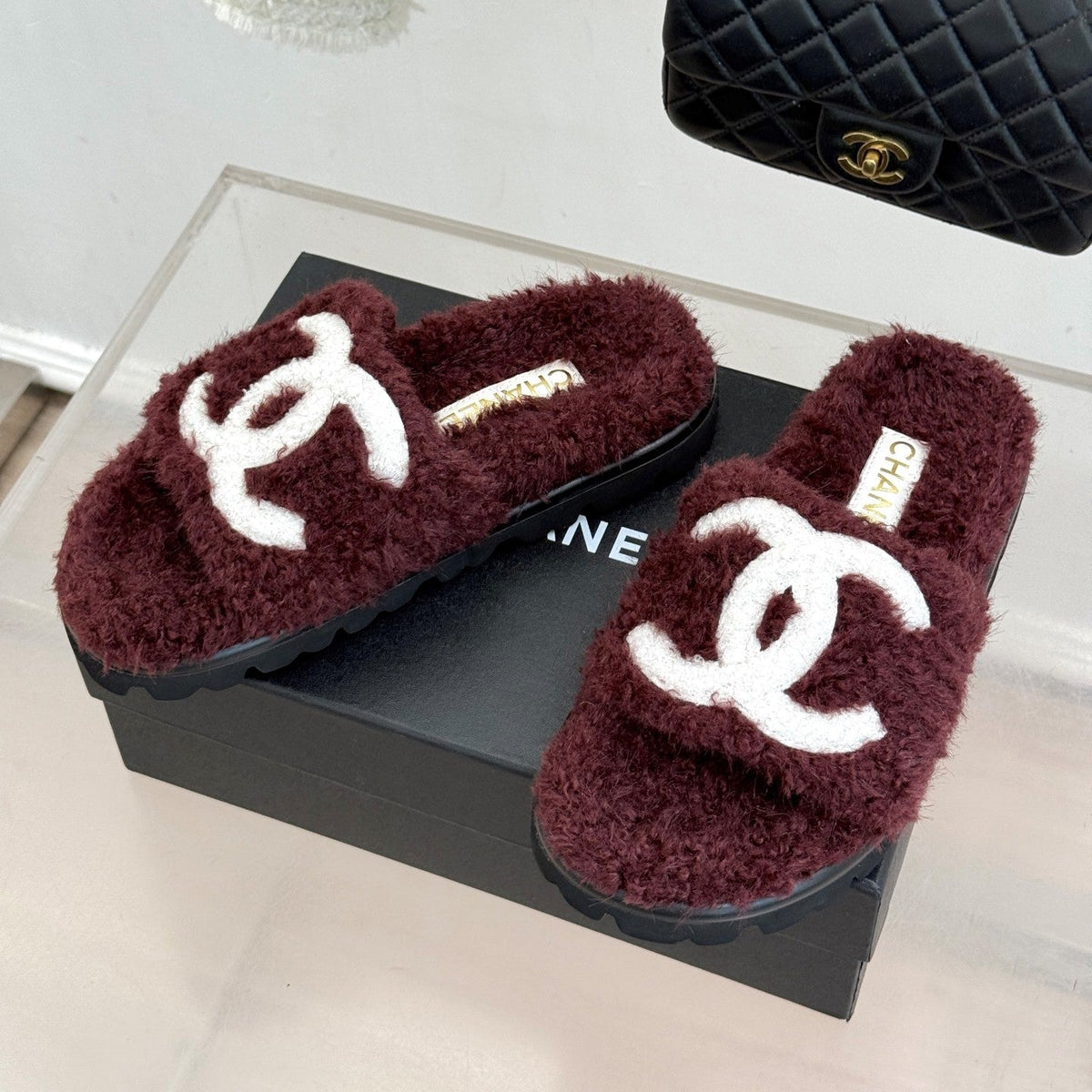 Chanel FW26 Double C Fur Slides Burgundy Fur 188164