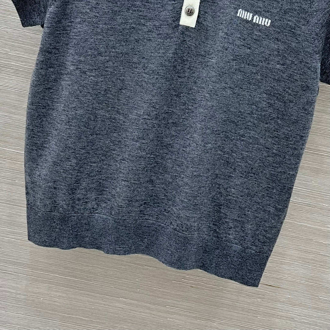 Miu Miu 25 Polo Collar Short-sleeve Knitted Top Gray Wool