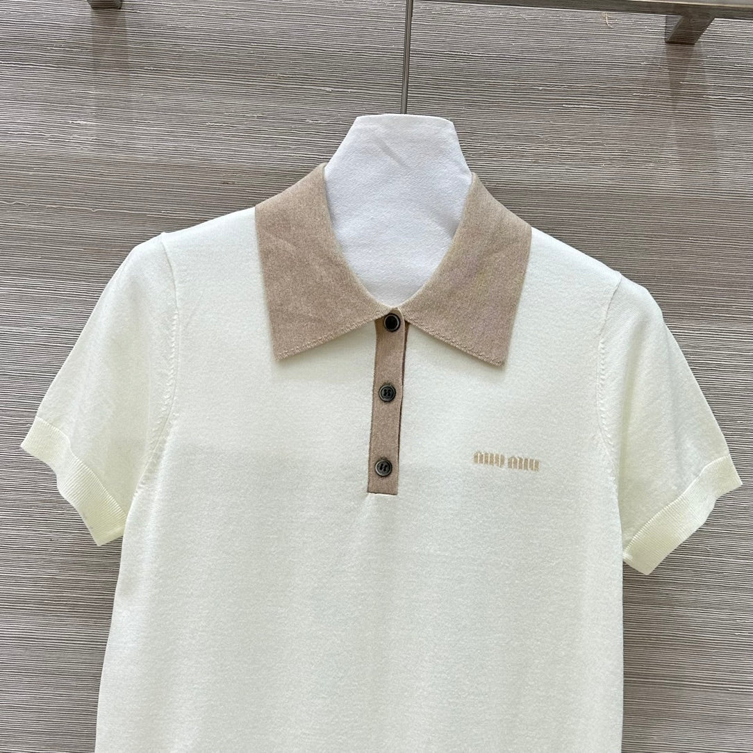 Miu Miu 25 Polo Collar Short-sleeve Knitted Top Beige Wool