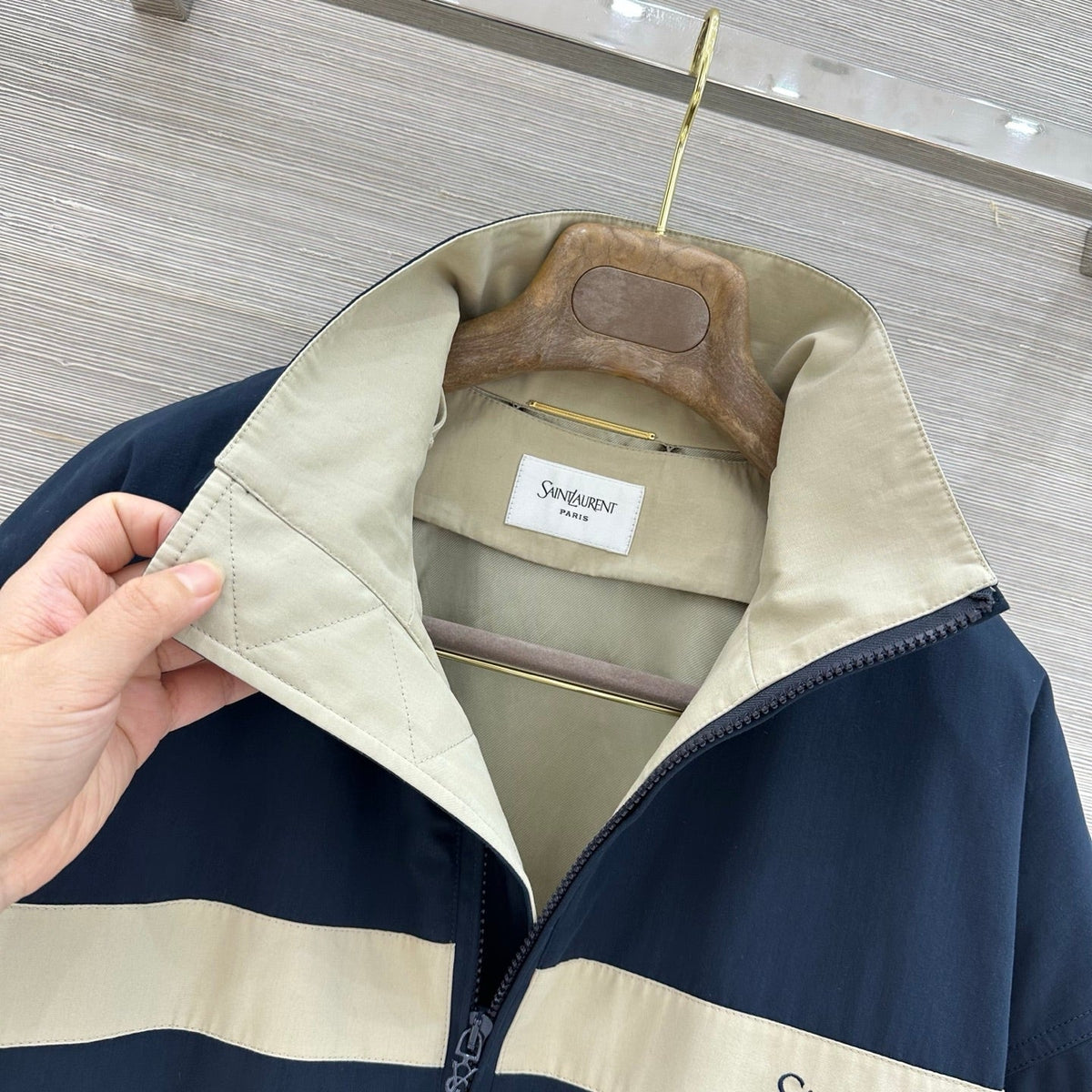 YSL 26s Cotton Canvas Blouson Jacket Navy Cream 438880