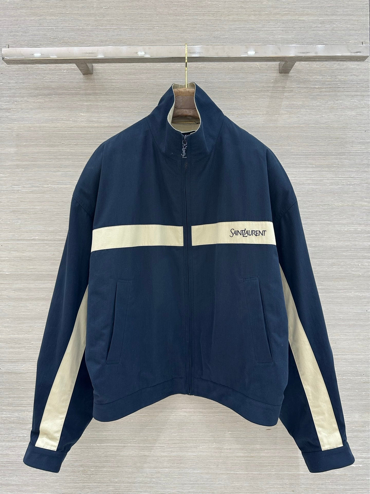 YSL 26s Cotton Canvas Blouson Jacket Navy Cream 438880