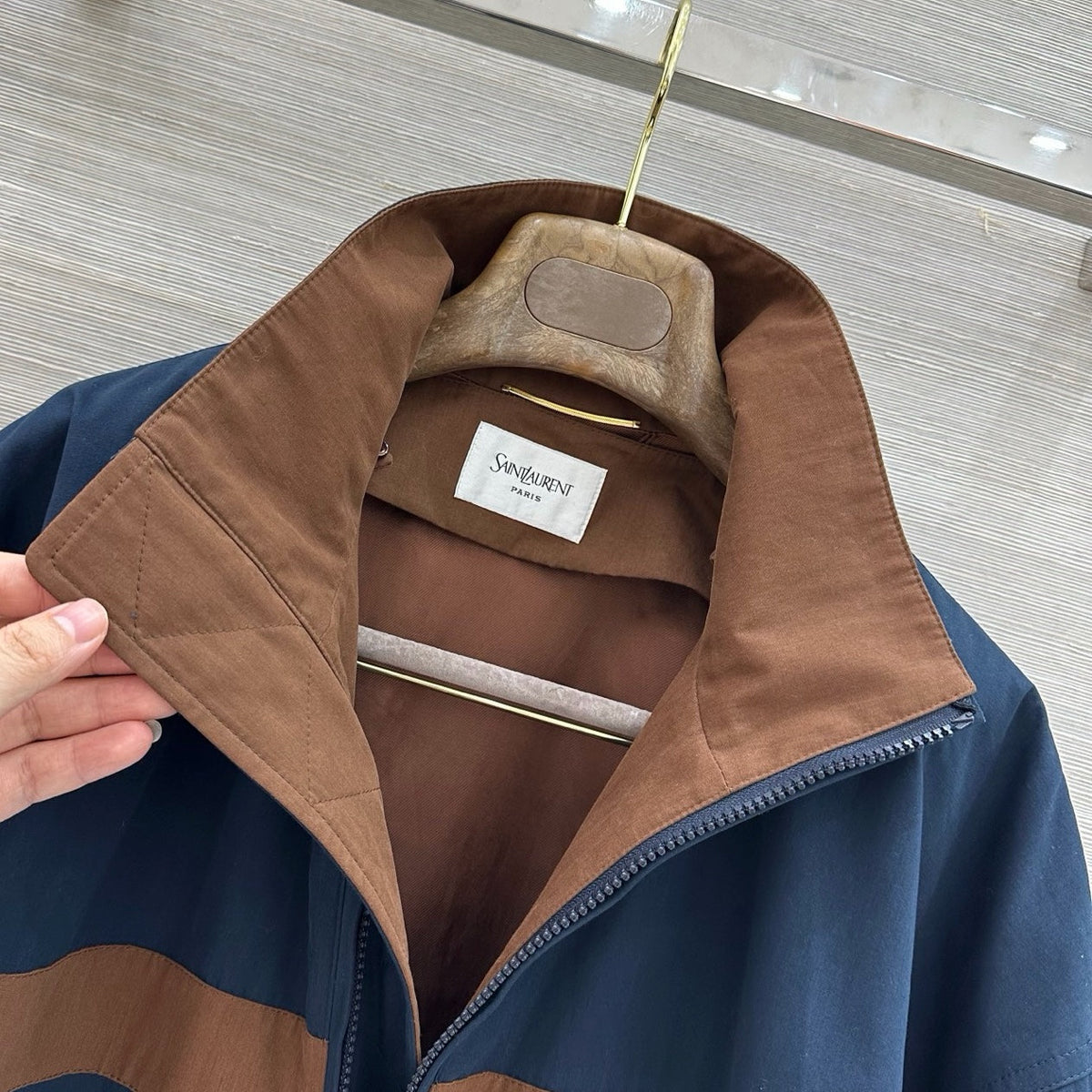 YSL 26s Cotton Canvas Blouson Jacket Navy Brown 438882
