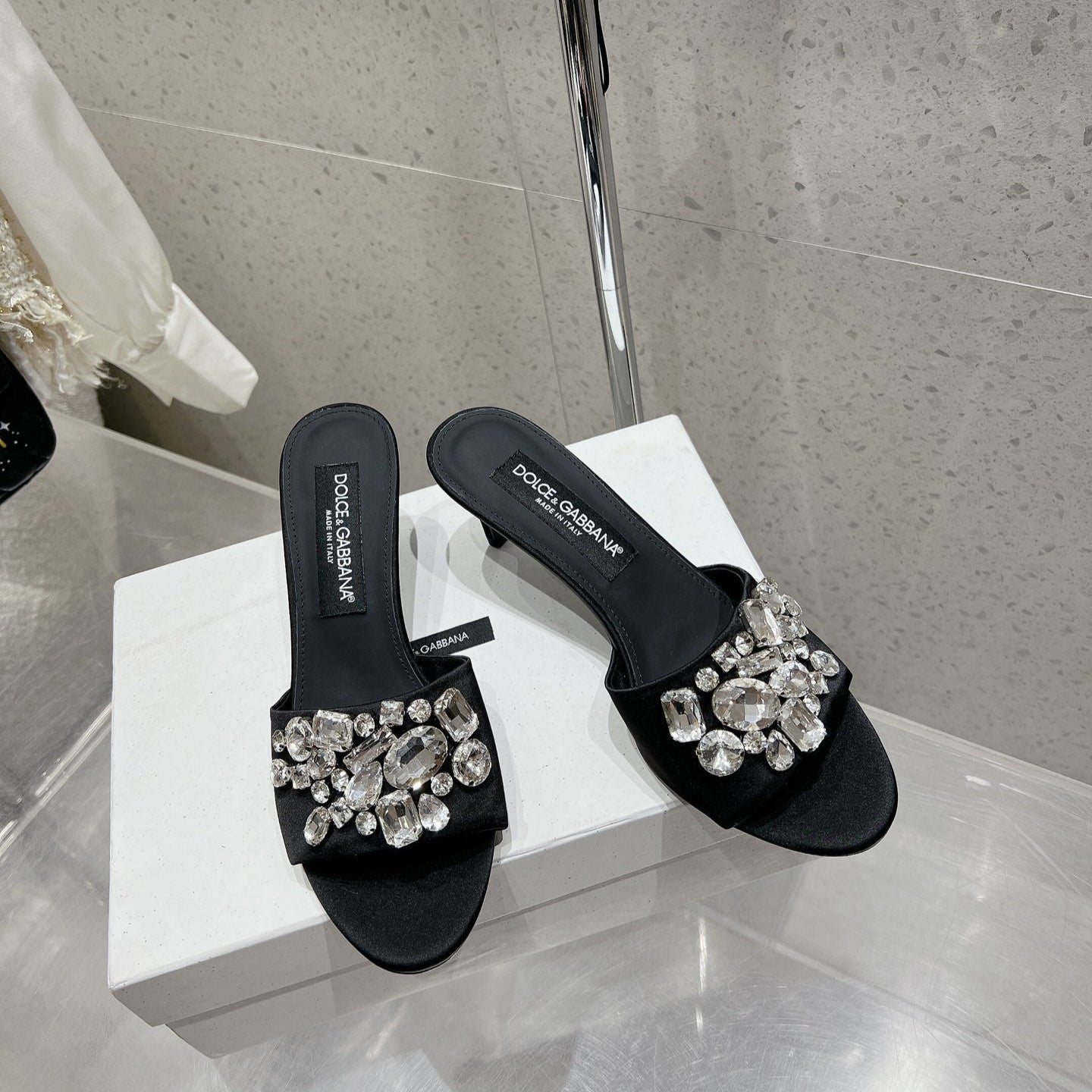 DC Crystal Mules 60mm Black Silk & Sheepskin 359516