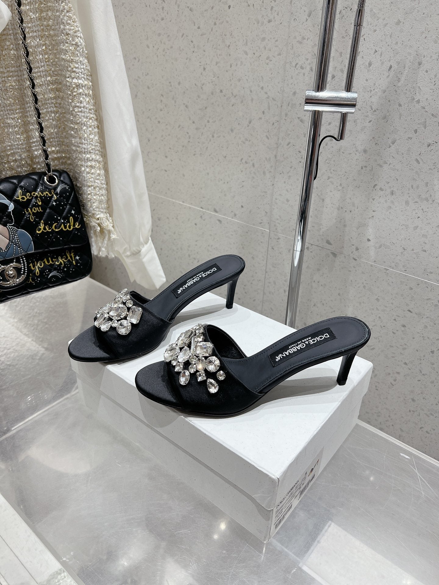 DC Crystal Mules 60mm Black Silk & Sheepskin 359516