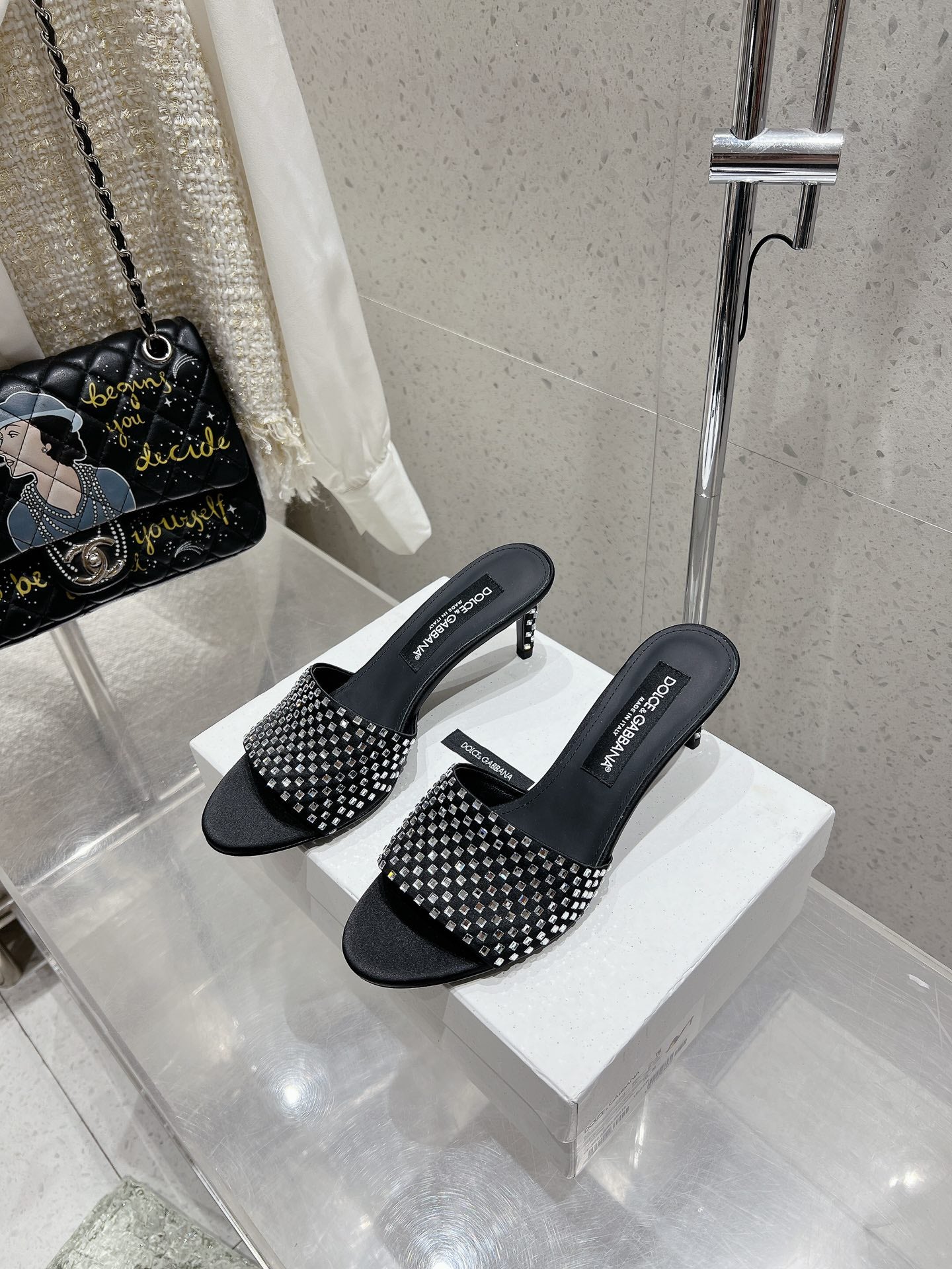 DC Rhinestone Mules 65mm Black Silk & Sheepskin 359514