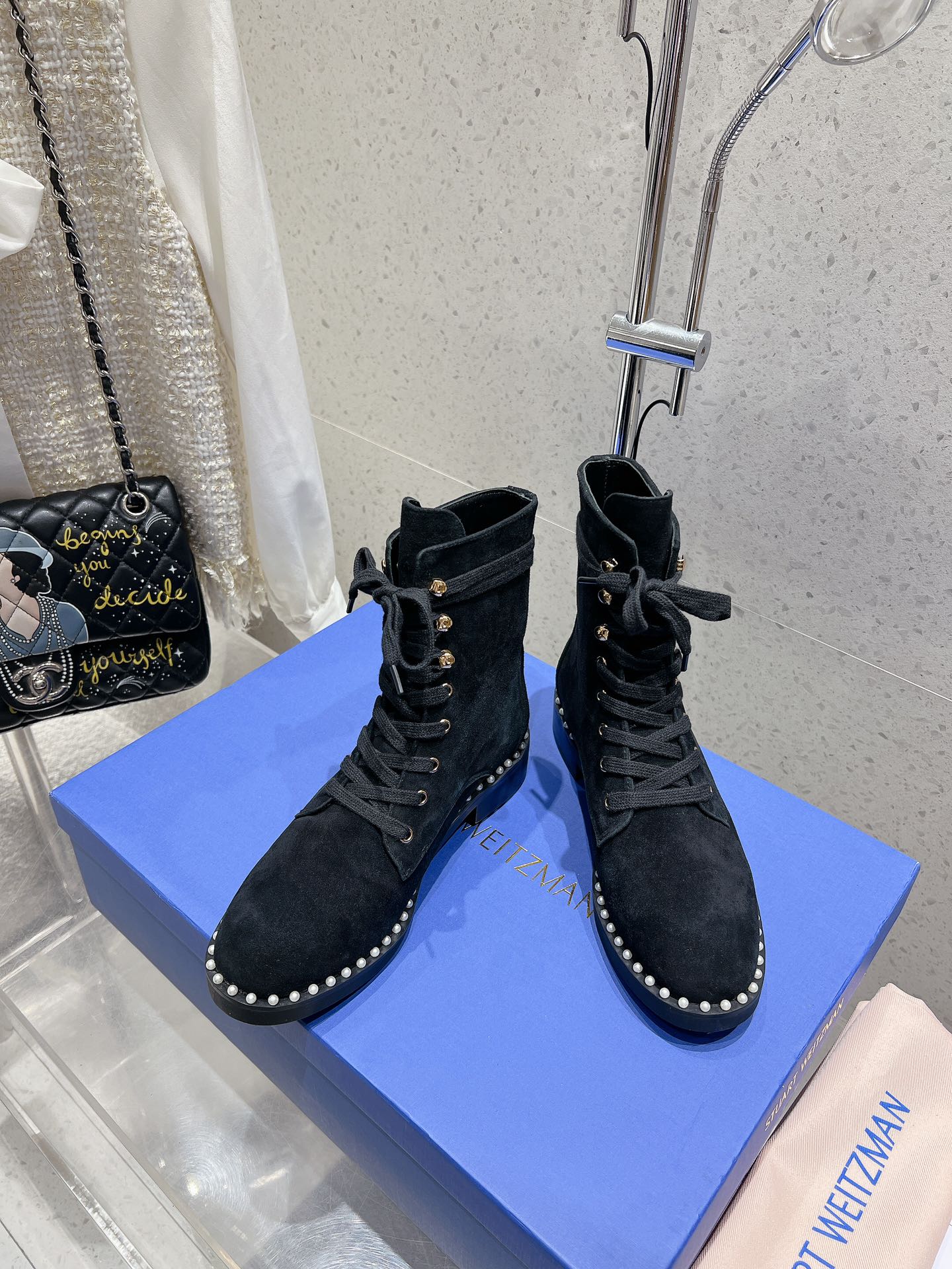 SW  Mckenzee Boot with Pearl Chain Black Suede 554360