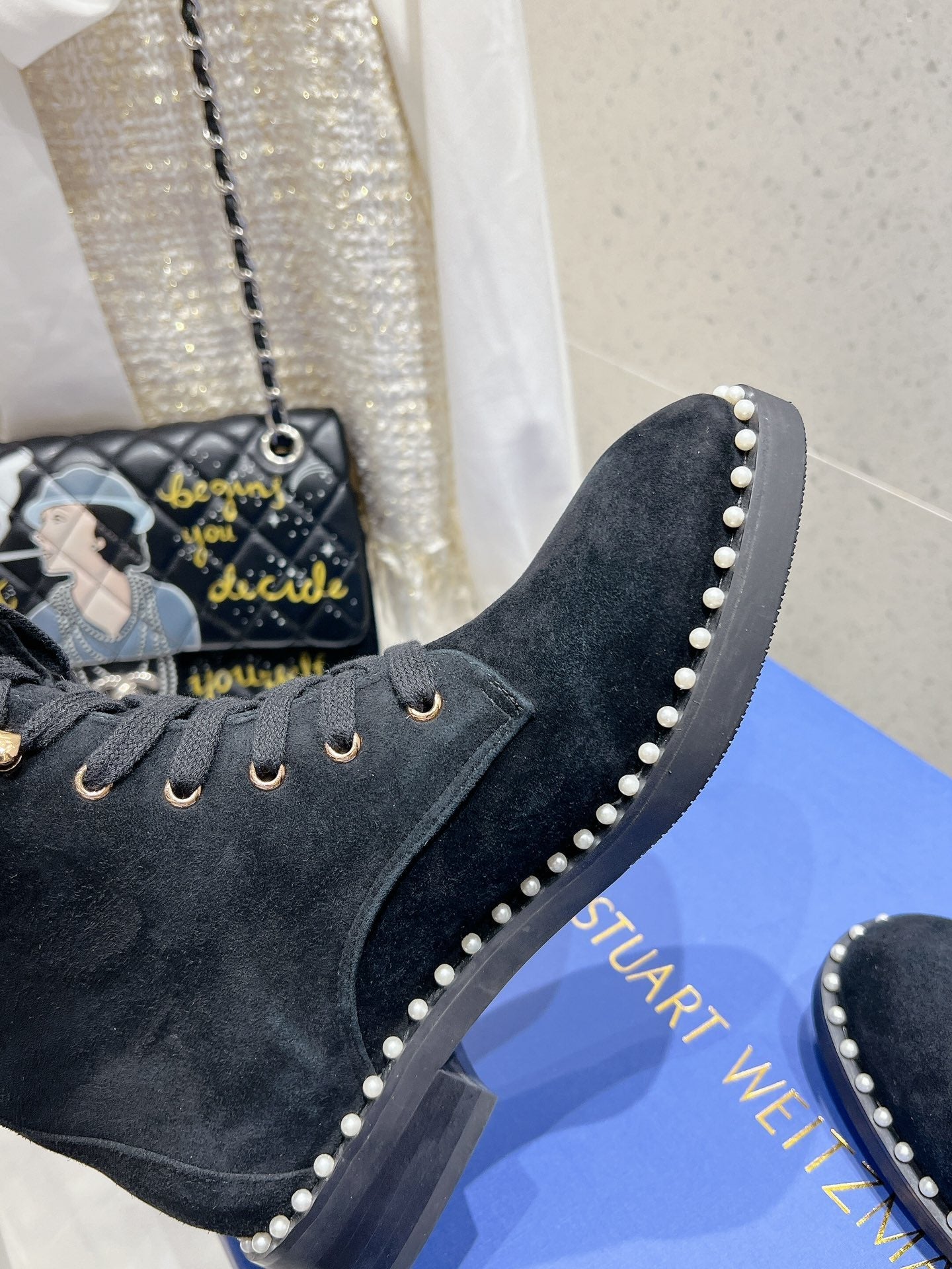 SW  Mckenzee Boot with Pearl Chain Black Suede 554360