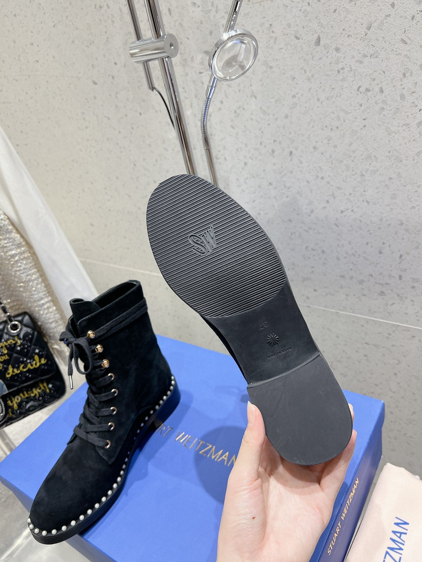 SW  Mckenzee Boot with Pearl Chain Black Suede 554360