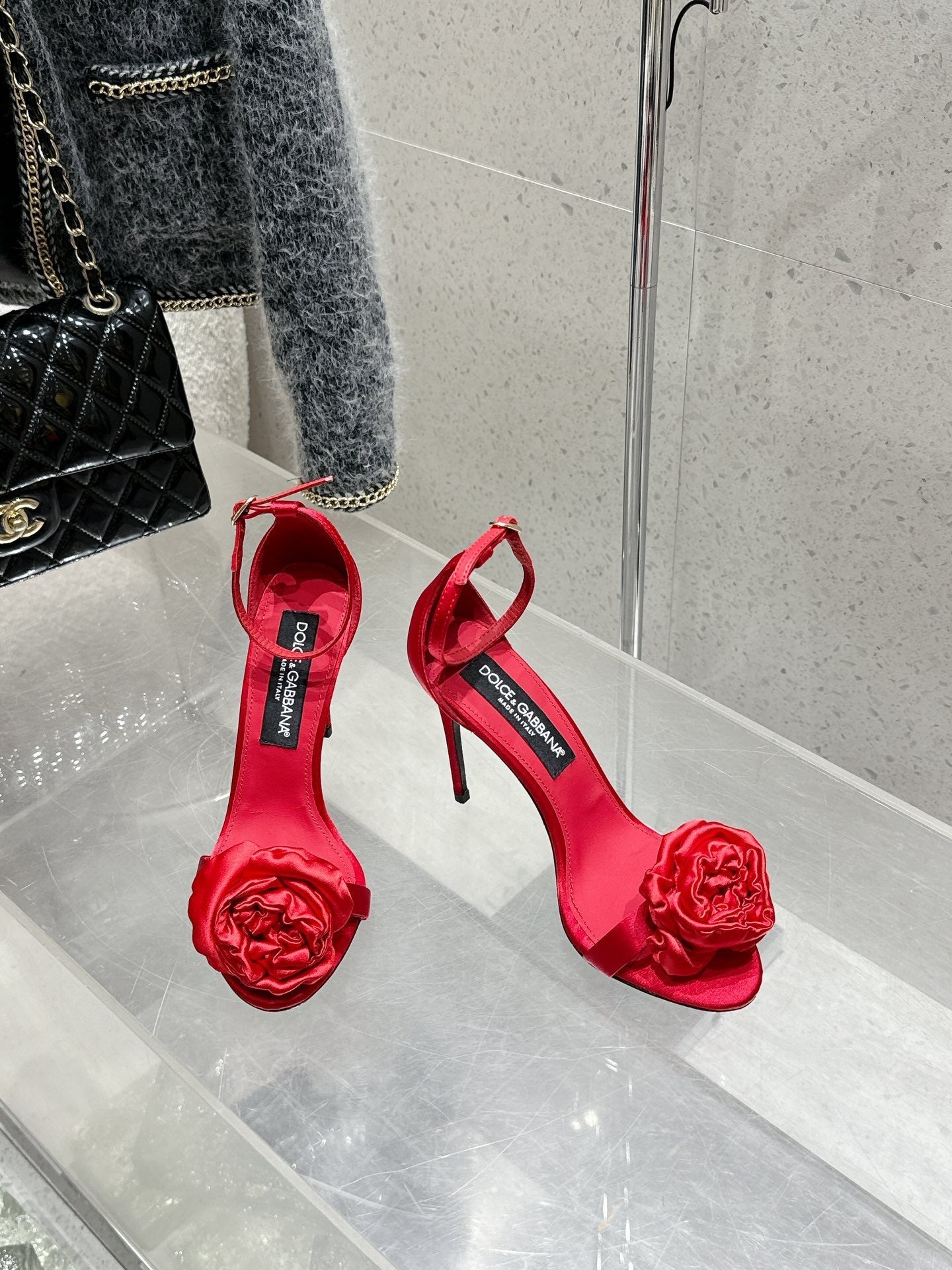 DC Flower High Heel Sandals 105mm Red Satin & Sheepskin 359506
