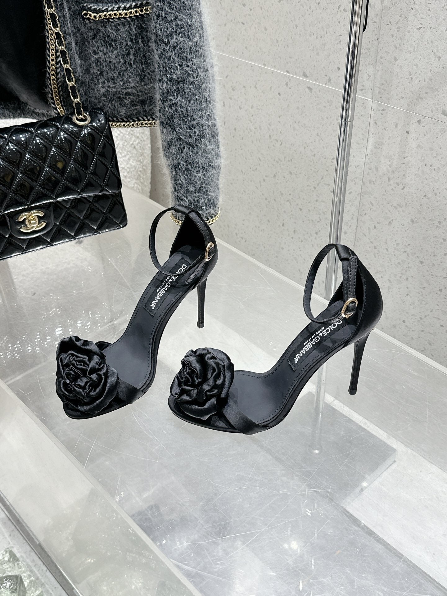 DC Flower High Heel Sandals 105mm Black Satin & Sheepskin 359507