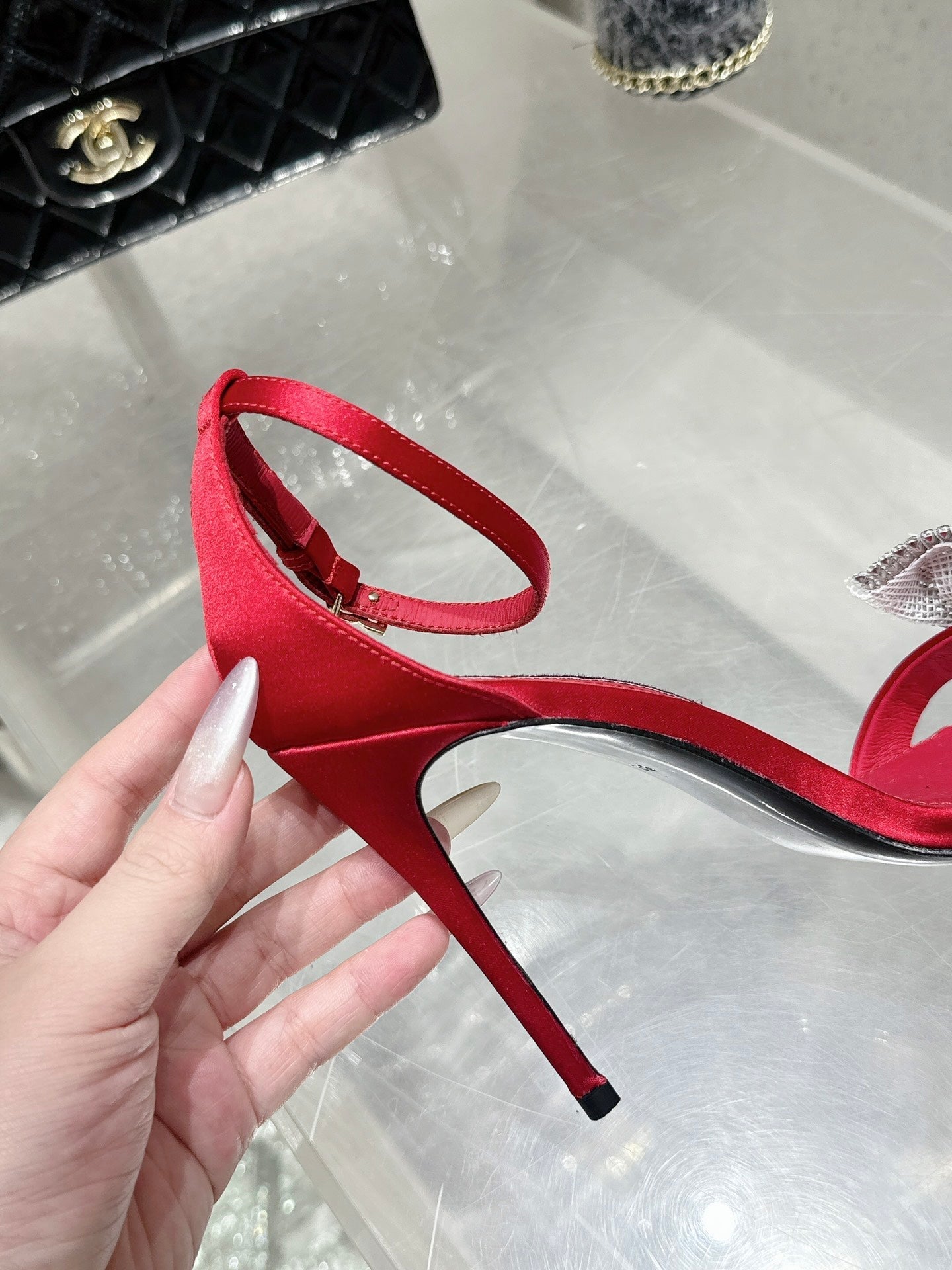 DC Rhinestone Bow Heel Sandals 105mm Red Satin & Sheepskin 359508