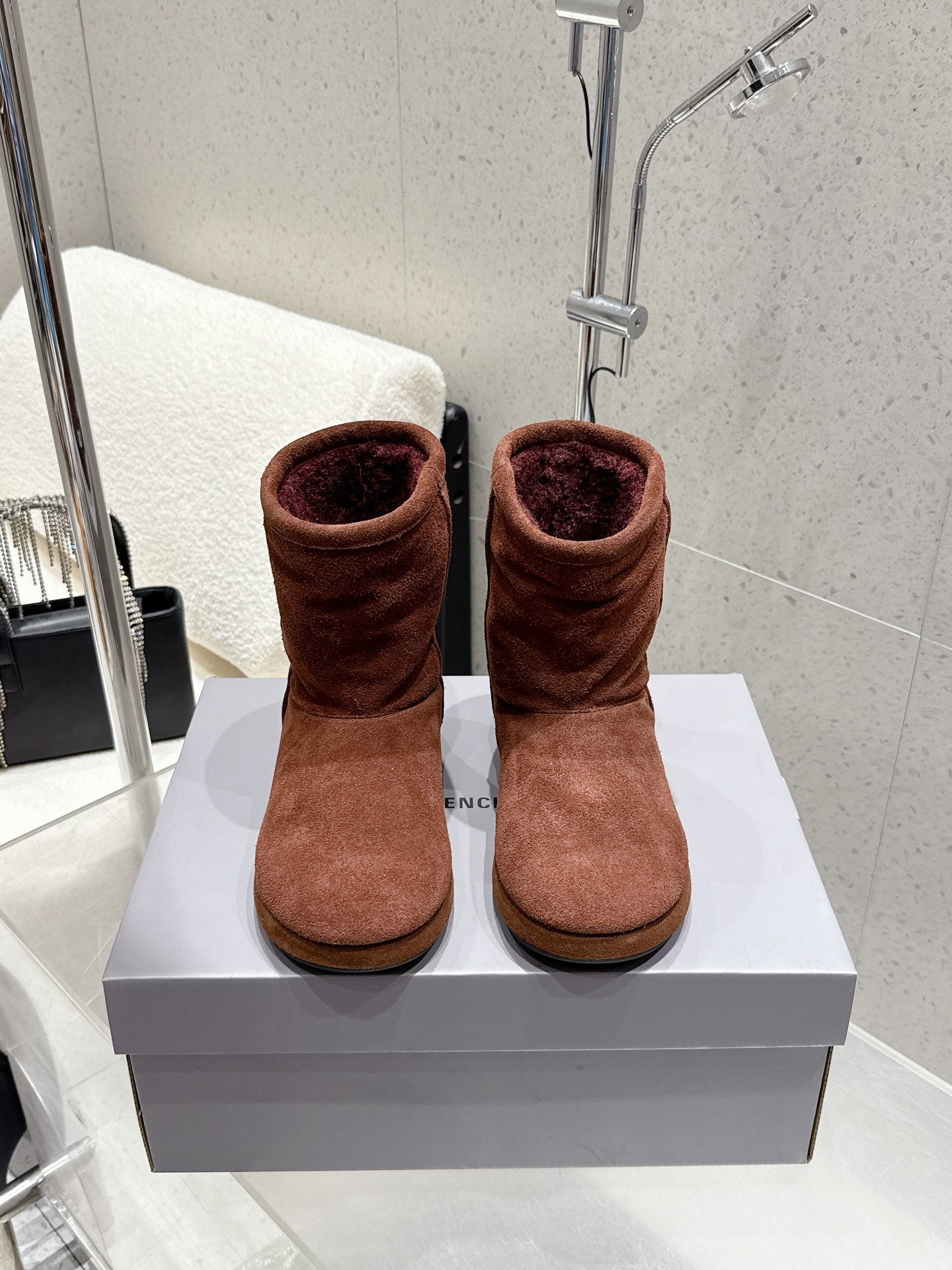 Balenciaga Alaska Soft Booties Red Brown Suede Shearing 554397