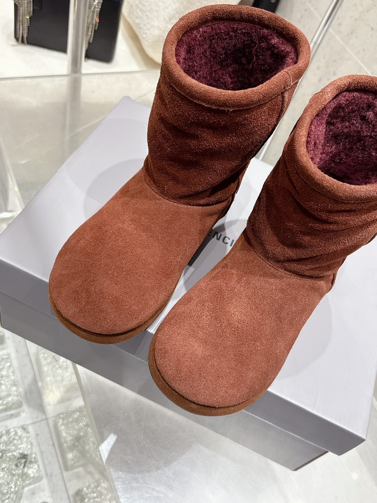 Balenciaga Alaska Soft Booties Red Brown Suede Shearing 554397