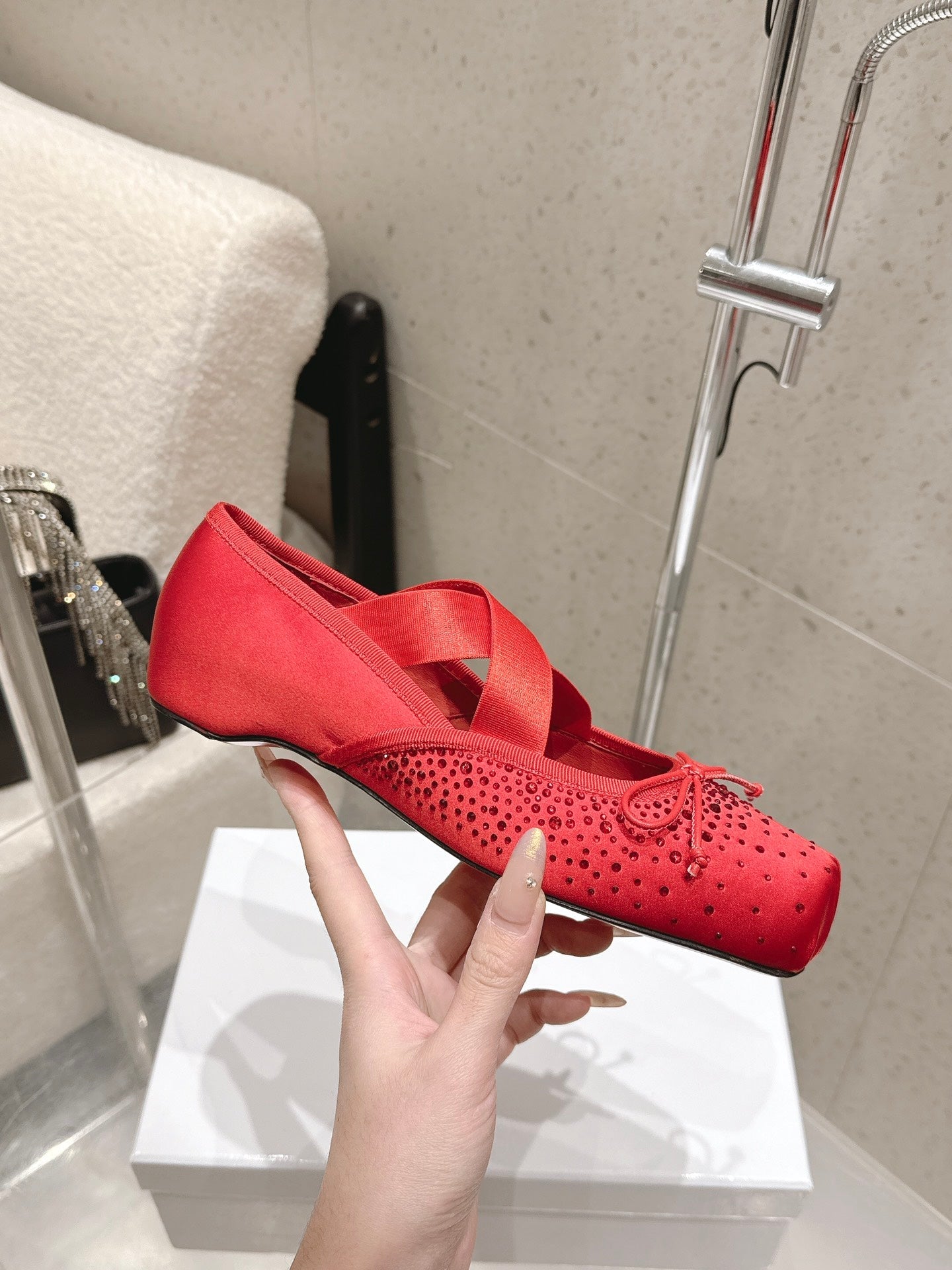 CL Ballet Butterfly Ballet Flats Diamond-Embellished Red Satin 610812