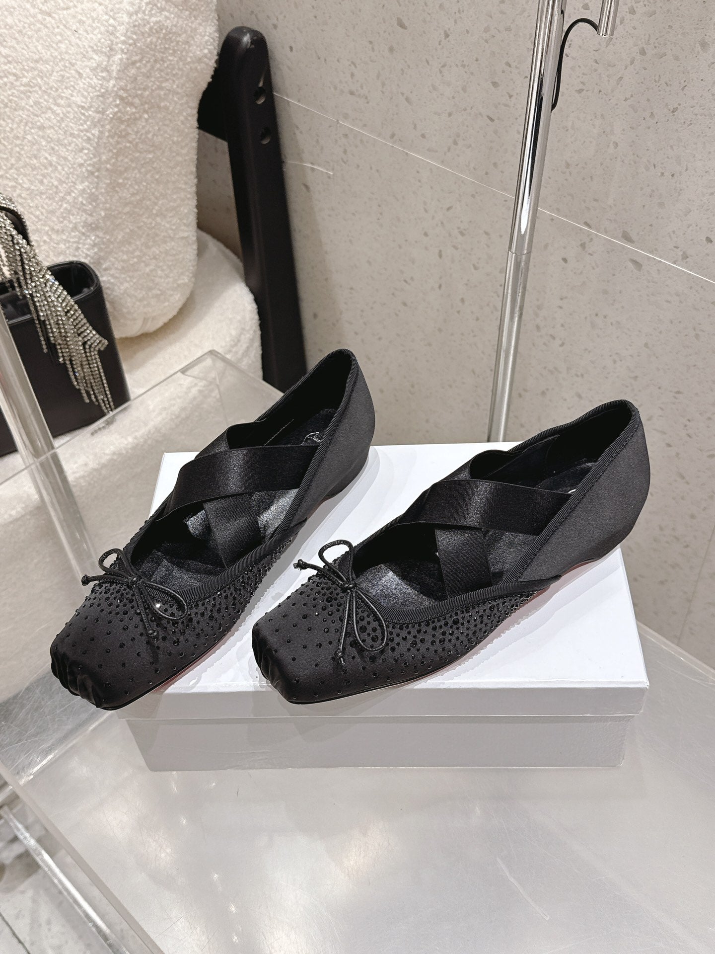 CL Ballet Butterfly Ballet Flats Diamond-Embellished Black Satin 610815